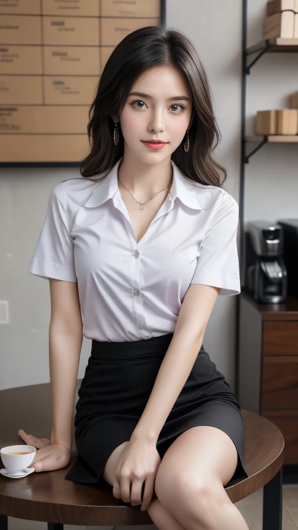 (High resolution 8K), Masterpiece, best quality, realistically ((middle bust, Sagging breasts)), hair in one eye, purple eyes, very big hoop earrings, Sharp eyes, choker, red gemstone necklace, (Symmetrical eyes), (The body is perfectly symmetrical. ), Photo of a beautiful 20 year old teenage girl, (Fit body), ((Sitting on a Starbucks coffee table)), (black short skirt),  (( The young woman wore a white short-sleeved shirt., Open 3 shirt buttons., Open your shirt and reveal your chest.,)) ((black short pencil skirt deep slit skirt)), Square head black belt, Blonde hair, short hair,Double eyelids, sharp eyeliner, Blush eyeshadow, thick eyelashes, very delicate and beautiful, round chin, sharp focus.. elegant. Turn your head with your legs open. Sit back and open your legs. Split your right leg over your left leg. Allow your legs to open naturally, with your legs apart, a dynamic pose.,mahalaiuniform
