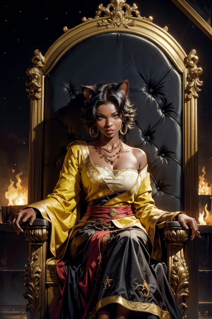 highres,absurdres,masterpiece,best quality,original,extremely detailed CG,extremely detailed wallpaper,perfect lighting,looking at viewer,bare hands,1girl,
SiennaKhan,short hair,black hair,animal ears,yellow eyes,cat ears,dark skin,dark-skinned female,gloves,jewelry,earrings,cape,facial mark,cleavage cutout,hoop earrings, sitting on ornate throne, (large high-back throne), in deserted stadium, bonfires, water pouring, crowd, (crowd in military uniforms), night, stars, closed mouth, serious look, serious expression, looking at viewer,