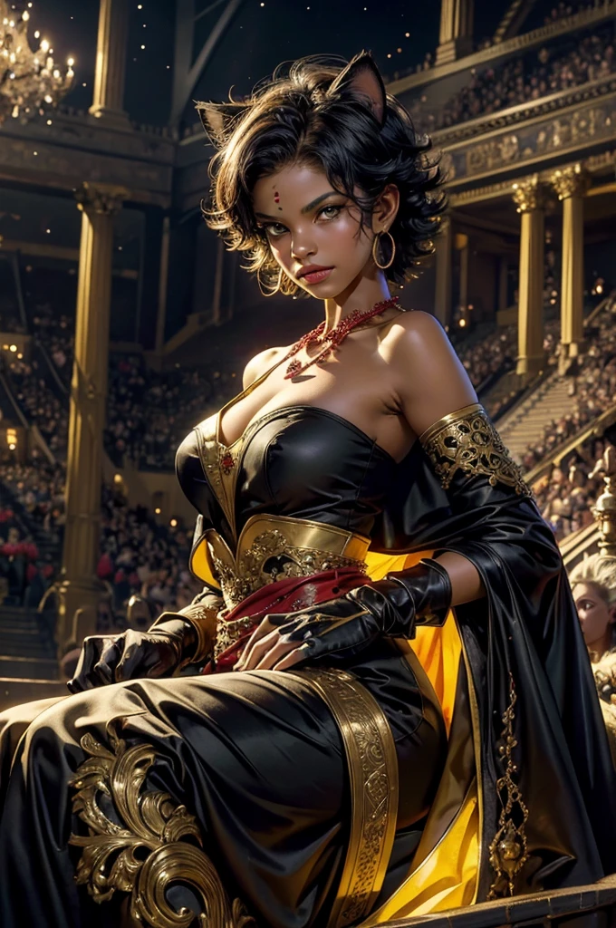 highres,absurdres,masterpiece,best quality,original,extremely detailed CG,extremely detailed wallpaper,perfect lighting,looking at viewer,bare hands,1girl,
SiennaKhan,short hair,black hair,animal ears,yellow eyes,cat ears,dark skin,dark-skinned female,gloves,jewelry,earrings,cape,facial mark,cleavage cutout,hoop earrings, sitting on ornate throne, (large high-back throne), in deserted stadium, bonfires, water pouring, crowd, (crowd in military uniforms), night, stars, closed mouth, serious look, serious expression, looking at viewer,
