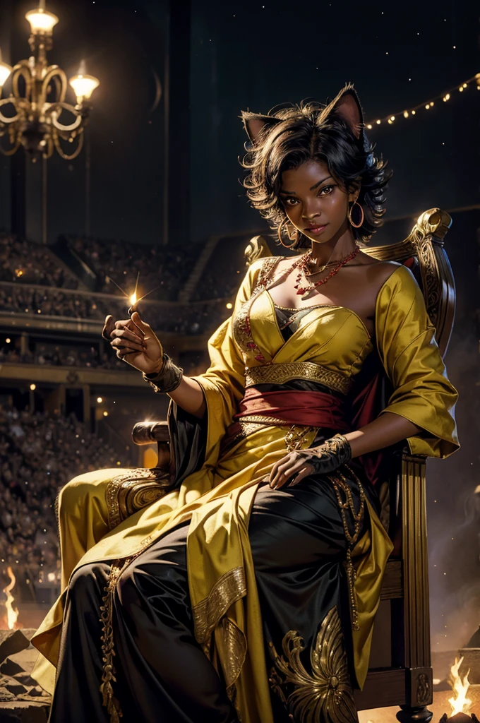 highres,absurdres,masterpiece,best quality,original,extremely detailed CG,extremely detailed wallpaper,perfect lighting,looking at viewer,bare hands,1girl,
SiennaKhan,short hair,black hair,animal ears,yellow eyes,cat ears,dark skin,dark-skinned female,gloves,jewelry,earrings,cape,facial mark,cleavage cutout,hoop earrings, sitting on ornate throne, (large high-back throne), in deserted stadium, bonfires, water pouring, crowd, (crowd in military uniforms), night, stars, closed mouth, serious look, serious expression, looking at viewer,