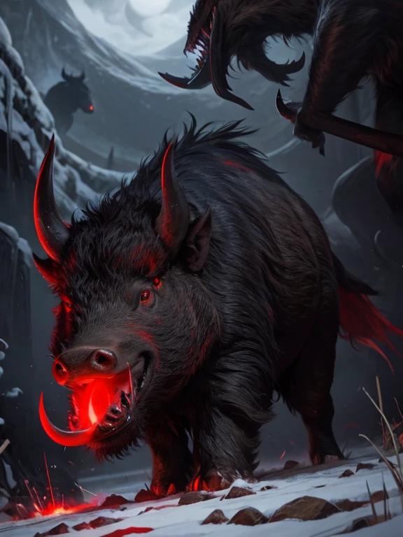 A massive red eyes demonic black wild boar with big large tusks