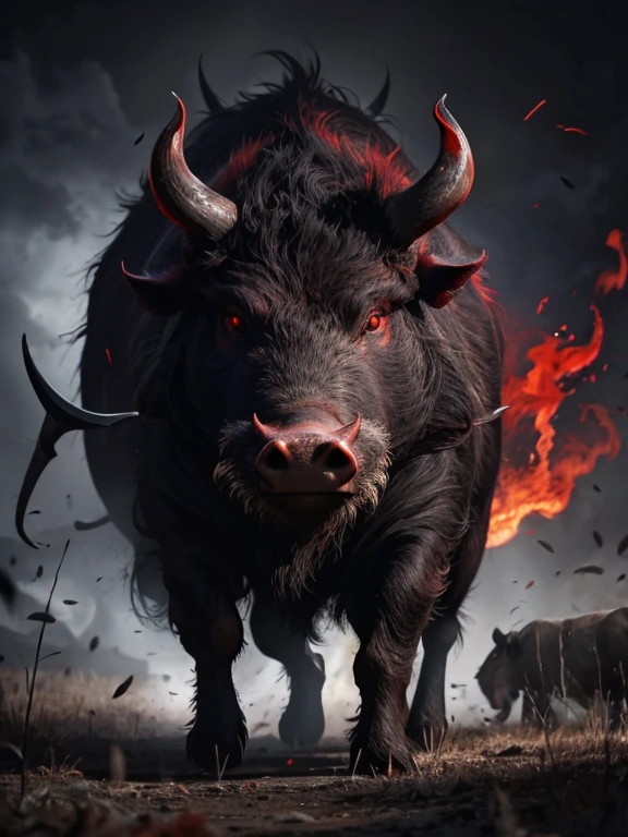 A massive red eyes demonic black wild boar with big large tusks
