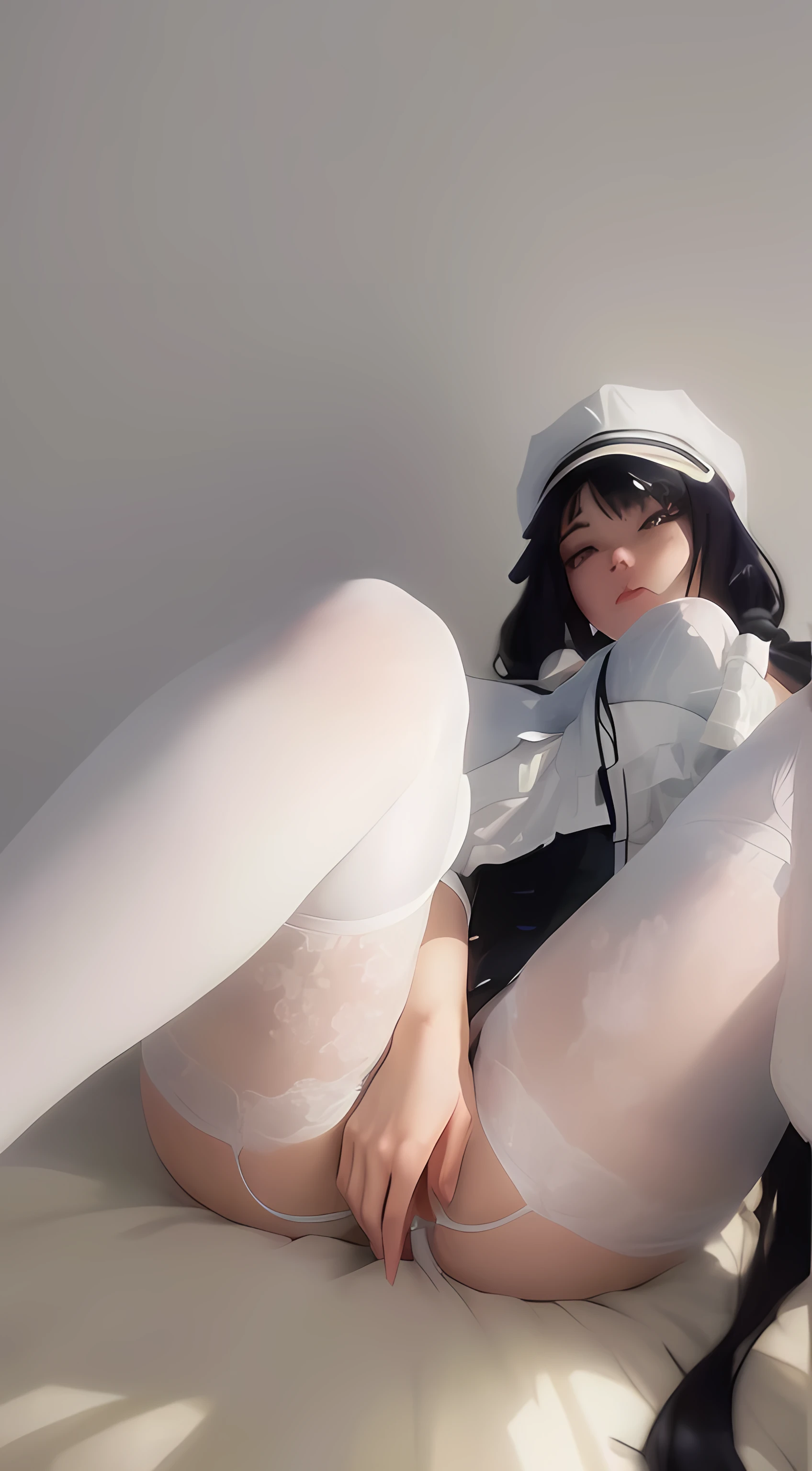 there is a woman in a white hat laying on a bed, the anime girl is crouching, ilya kuvshinov. 4 k, full length and white stockings, guweiz, twintails white_gloves, 4k], 4 k ], [ 4 k digital art ]!!, anime barbie in white stockings, white stockings, hyperrealistic 
