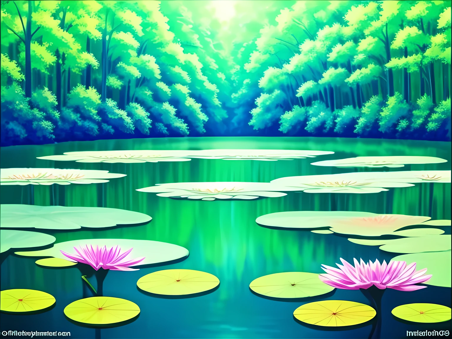 Impressionist Monet-style oil painting, showcasing the utmost quality and ultra-high resolution, boasting an ultra-detailed depiction of lilies in a pond. The painting is photorealistic, with a Monet-inspired blend of soft, ethereal hues, accented by a subtle, radiant glow, reminiscent of Monet's iconic water lilies series. The lily pads are intricately rendered, offering a mesmerizing view of their subtle texture and patterns. The background features a tranquil, serene landscape, blurred to perfection, like a dreamy tapestry of nature. The overall composition is a master