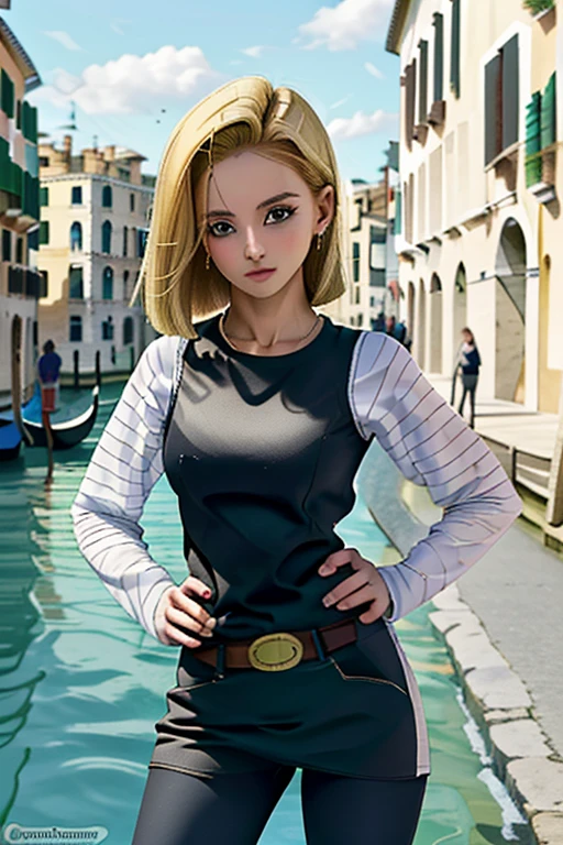 Despampanante rubia de grandes pechos y cuerpo esbelto con cintura delgada y caderas anchas piernas largas y torneadas paseando por la orilla de canal en Venecia