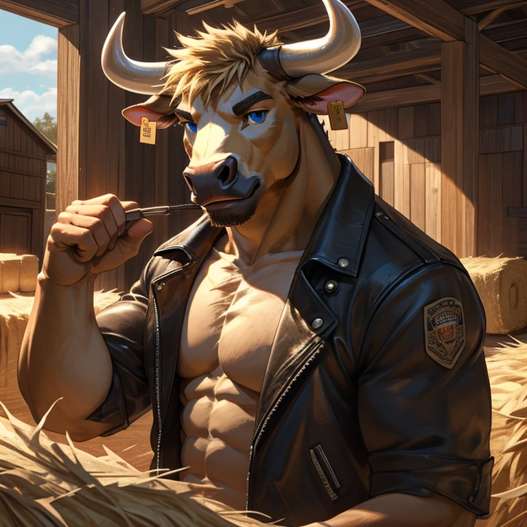 there is a Minotaur standing in a field of sunflowers, super buff and cool, fluffy fur, SFW, (Naked:1.2), Naked, massive penis, huge balls, topless, fluffy chest, Sexybody, muscular, anthropomorphic, extra detailed body, detailed body, Best quality, masterpiece, ultra high res,detailed background,realistic, real shadow and light,depth of field, (view from beside), details skin, fluffy, bad boy, summer, sunflower, mouth open, hot weather, sweaty, huge crotch, huge package, Minotaur.