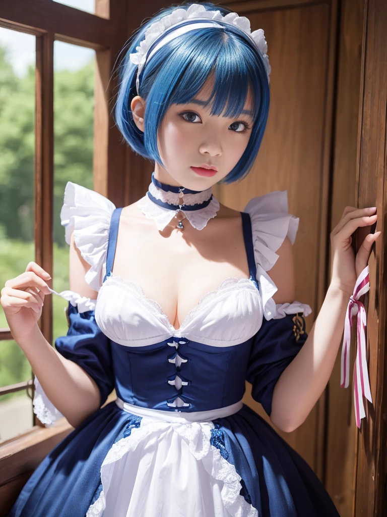 Very detailed、high resolution、8K、 Girl、16 years old、one person、Maid、Blue Hair、Short Bob、Cleavage、ReZER　Rem、hair ornaments、Neckline、ribbon、choker