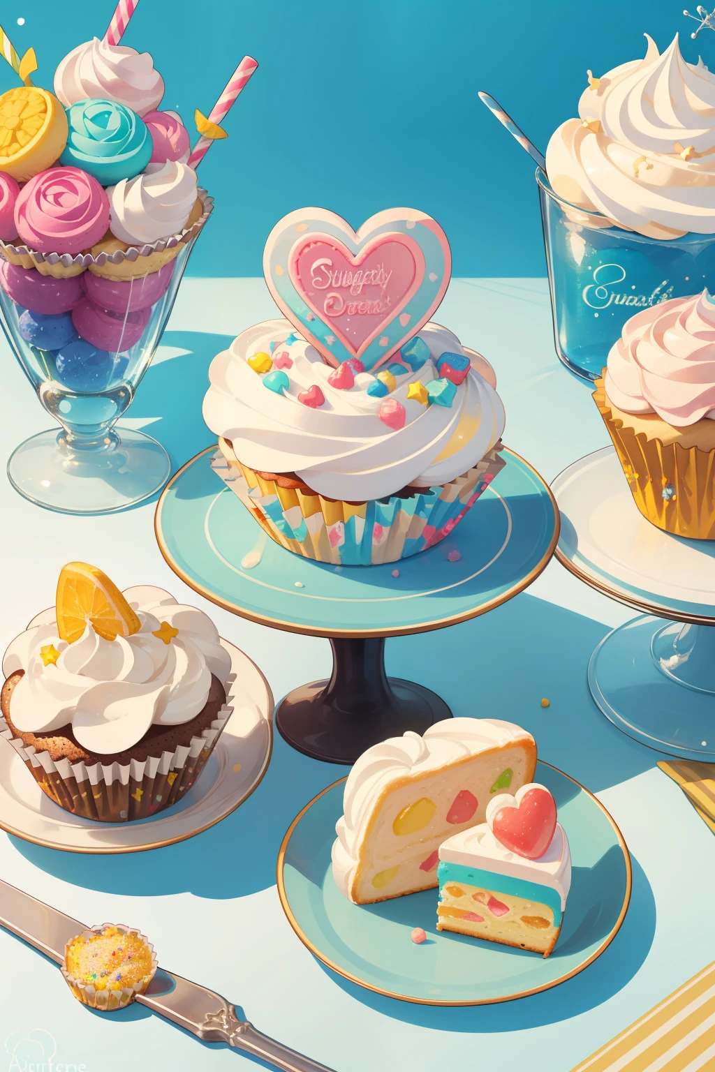 Generate enchanted cupcakes in the style of Laura Rester. This delectable image includes sugary delights and whimsical wonders artfully arranged. Magic and sweetness collide in this adorable and delicious image. This is a sweet and delicious and cozy image with realistic cupcakes, creamy frosting, detailed frosting, and various sweets. A group of adorable and kawaii-decorated cupcakes are ((artfully arranged)). The cupcakes and assorted sweets should be the main focus of the image. Generate an image that looks delectable and makes me want to eat the cupcakes. Include a lot of visual interest. Include whipped frosting, swirled frosting, drippy frosting, dripping frosting, whirled frosting, lots of colors, pastel sweets, frosting, sprinkles, delicious, cream cheese frosting, beautiful swirls, and interesting details. ((((masterpiece))))
