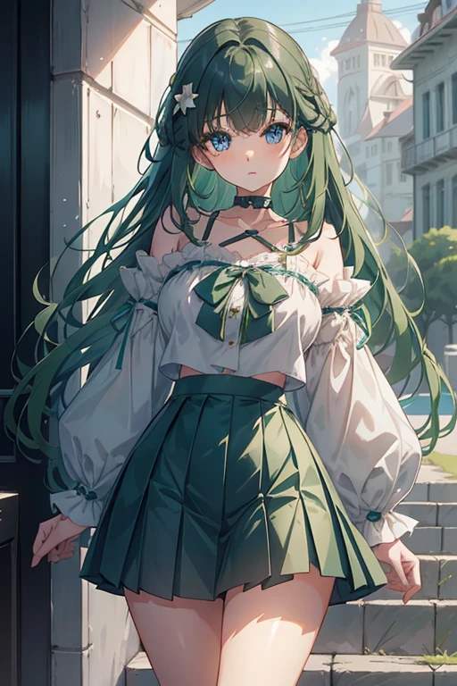 1girl, long green hair, messy bangs, blue choker, short skirt, pleated skirt, long sleeve t-shirt, ruffled sleeves, neck ruff, beautiful face, fair skin, blue eyes