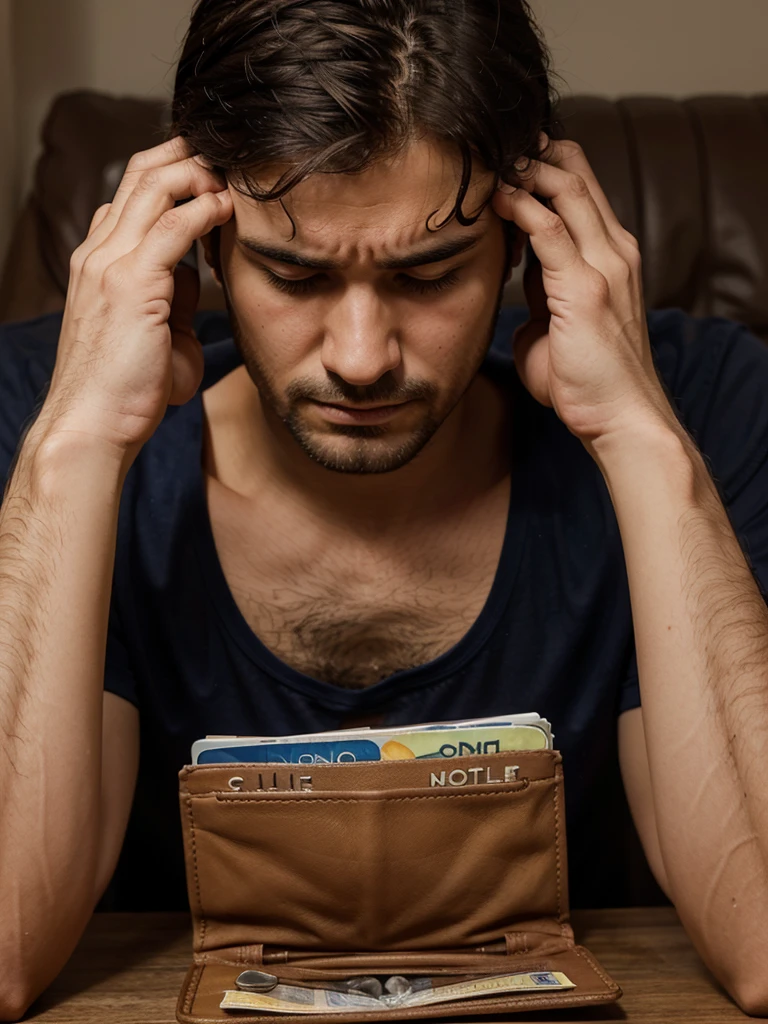 A man looking stressed, holding an empty wallet