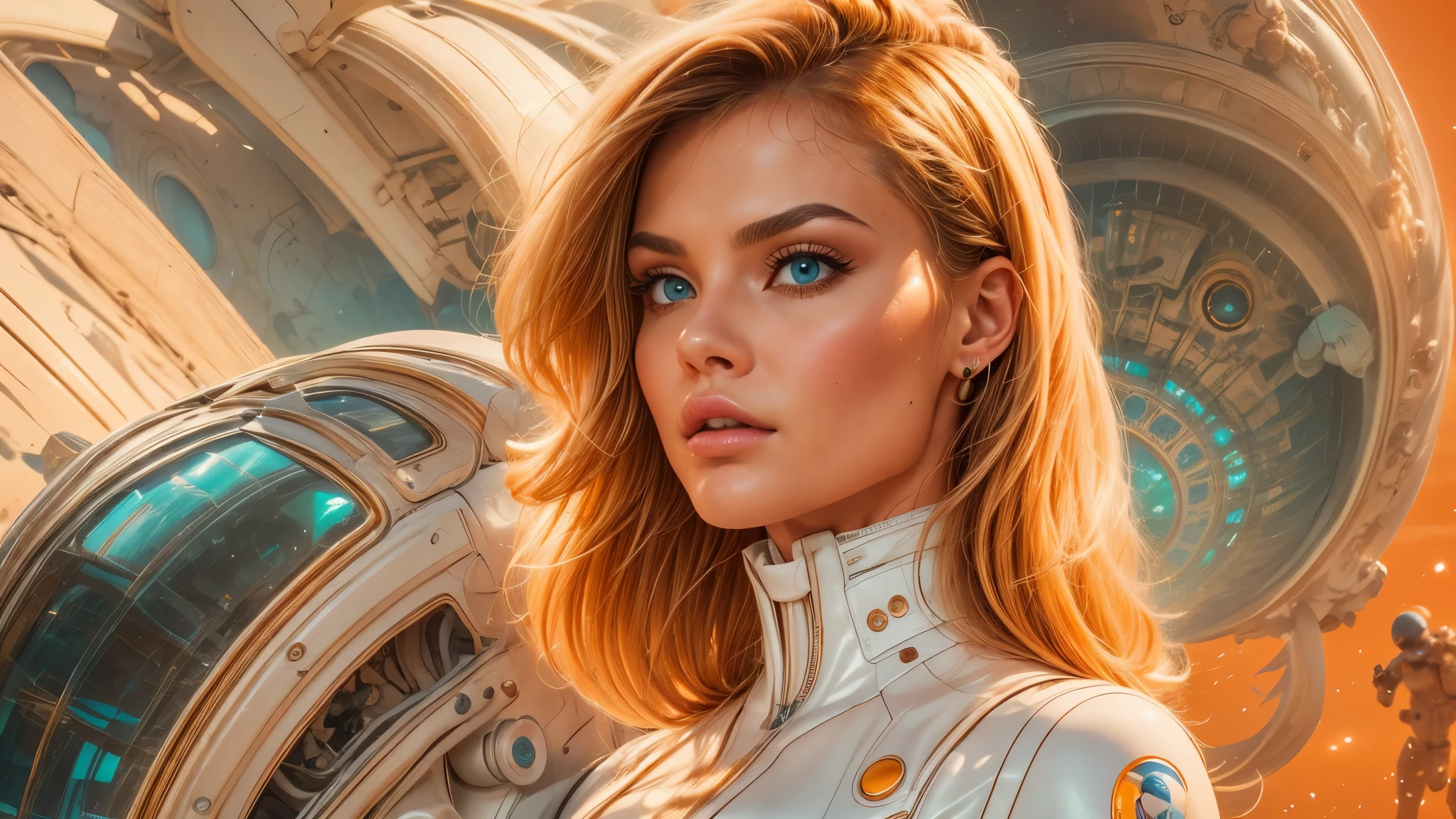 arafed image of a white woman in a futuristic suit with a spaceship in the background, movie art, in front of an orange background, inspired by Robert McGinnis, female protagonist, megastructure in the background, portrait of an ai astronaut, astronauts, an astronaut, portrait of a astronaut skeletor, perfect android girl, detailed eyes, perfectly detailed teeth, frank franzzeta and sakimichan