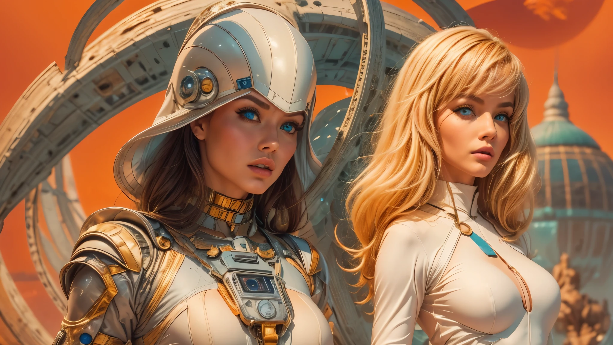 arafed image of a white woman in a futuristic suit with a spaceship in the background, movie art, in front of an orange background, inspired by Robert McGinnis, female protagonist, megastructure in the background, portrait of an ai astronaut, astronauts, an astronaut, portrait of a astronaut skeletor, perfect android girl, detailed eyes, perfectly detailed teeth, frank franzzeta and sakimichan