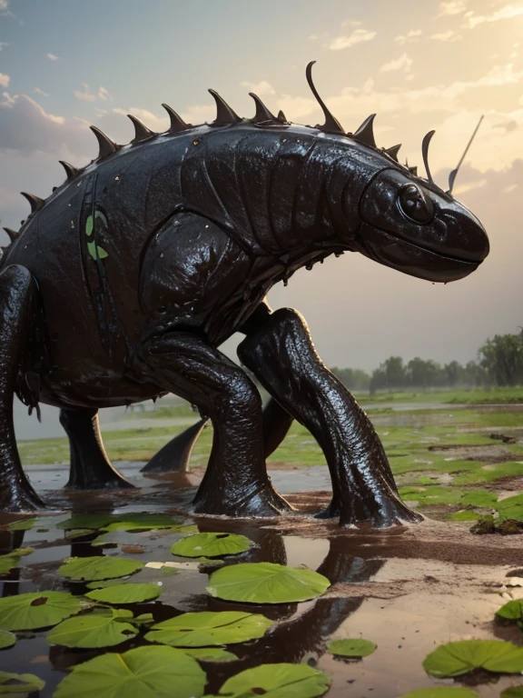 four legs big black mutated tadpole in a muddy swamp