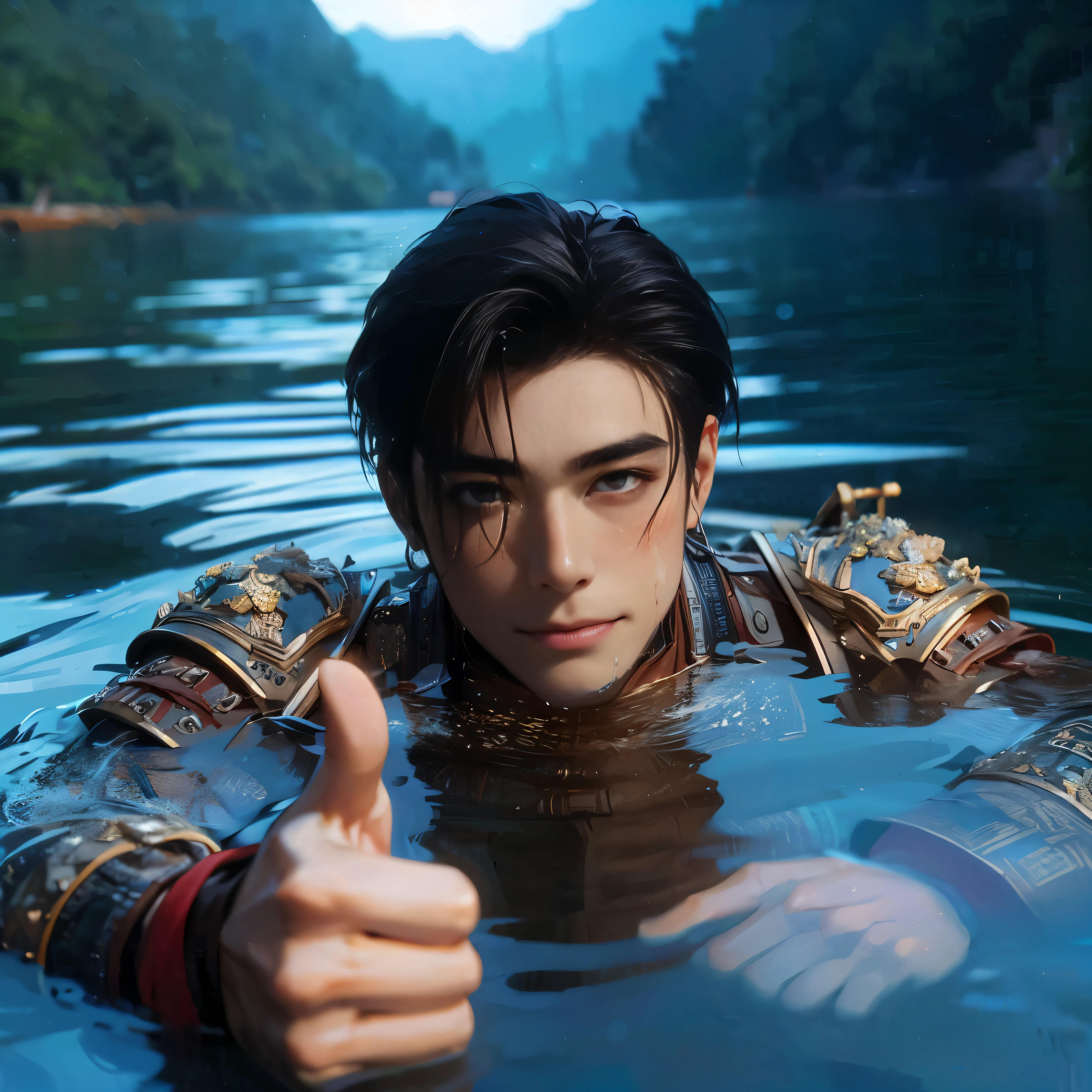 (Best Quality:1.2), (high resolution:1.2), (beautiful face and eye:1.5), (sharpest focus:1.2), (Ultra-realistic Photo:1.2), (Ultra-precise Photo:1.2), (Depth of field:1.2), (8k high resolution:1.2). (perfect anatomy:1.2), 
(nice hands:1.5), (perfect hands:1.5), (One drowning Chinese man:1.2), (Very young and beautiful Chinese man:1.0), (Smiling thumbs up in a state of resignation:1.2), (Looking up angle:1.2), 
(Chinese warrior in very light clothing, beaten up:1.0), (Majestic Chinese river:1.0), (Cynical smile:1.0), (Giant battleship:1.0), (Mars shining reddish-red in the night sky:1.2), 