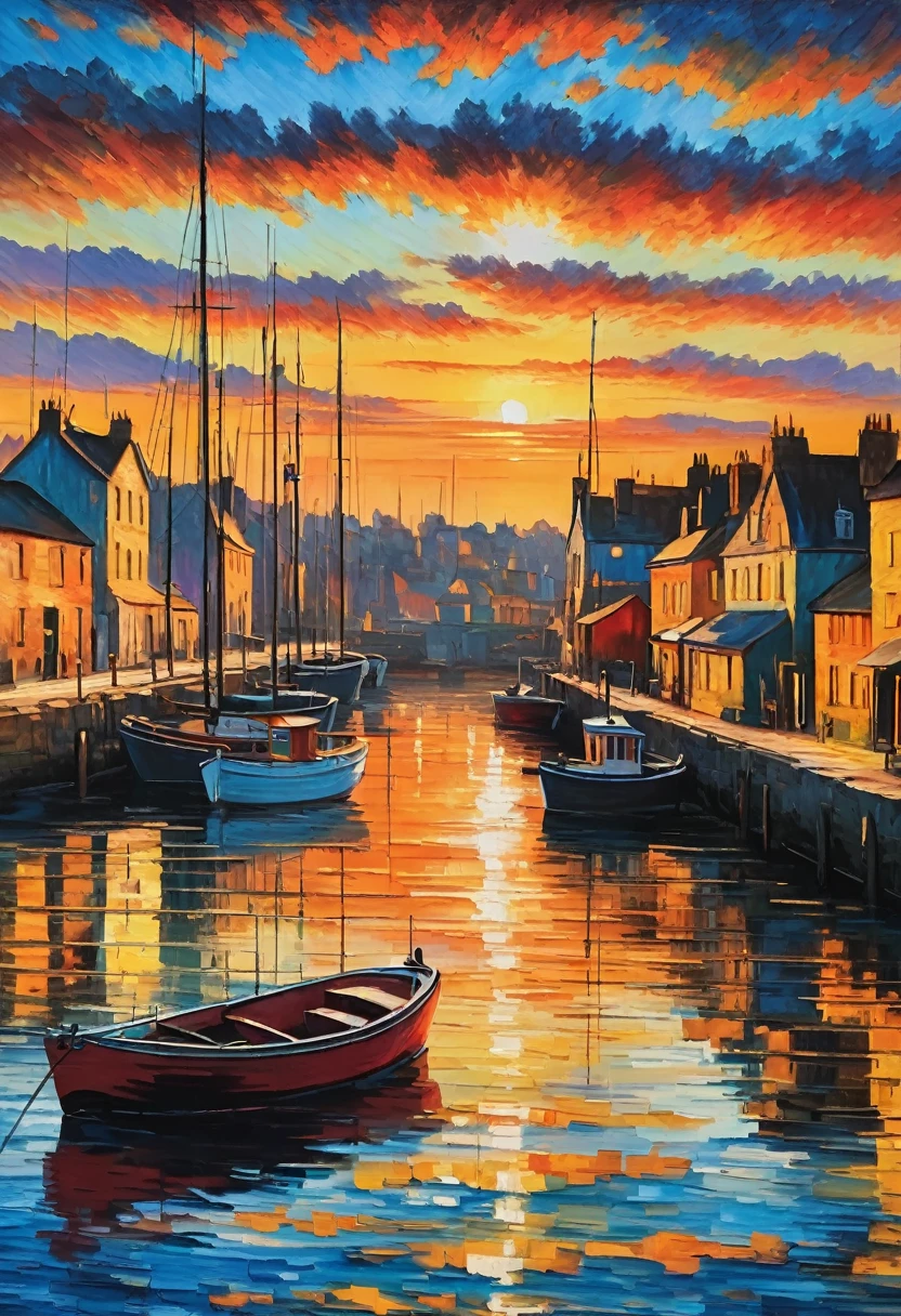 Claude Monet Style, by Claude Monet and William Turner, a colorful sunrise over quiet fishing harbour, golden hour, impressionism, visible brush strokes, neo-impressionism expressionist style oil painting, smooth post-impressionist impasto acrylic painting, thick layers of colourful textured paint
