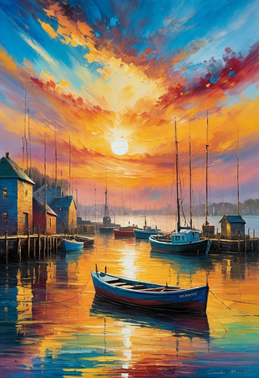 Claude Monet Style, by Claude Monet and William Turner, a colorful sunrise over quiet fishing harbour, golden hour, impressionism, visible brush strokes, neo-impressionism expressionist style oil painting, smooth post-impressionist impasto acrylic painting, thick layers of colourful textured paint