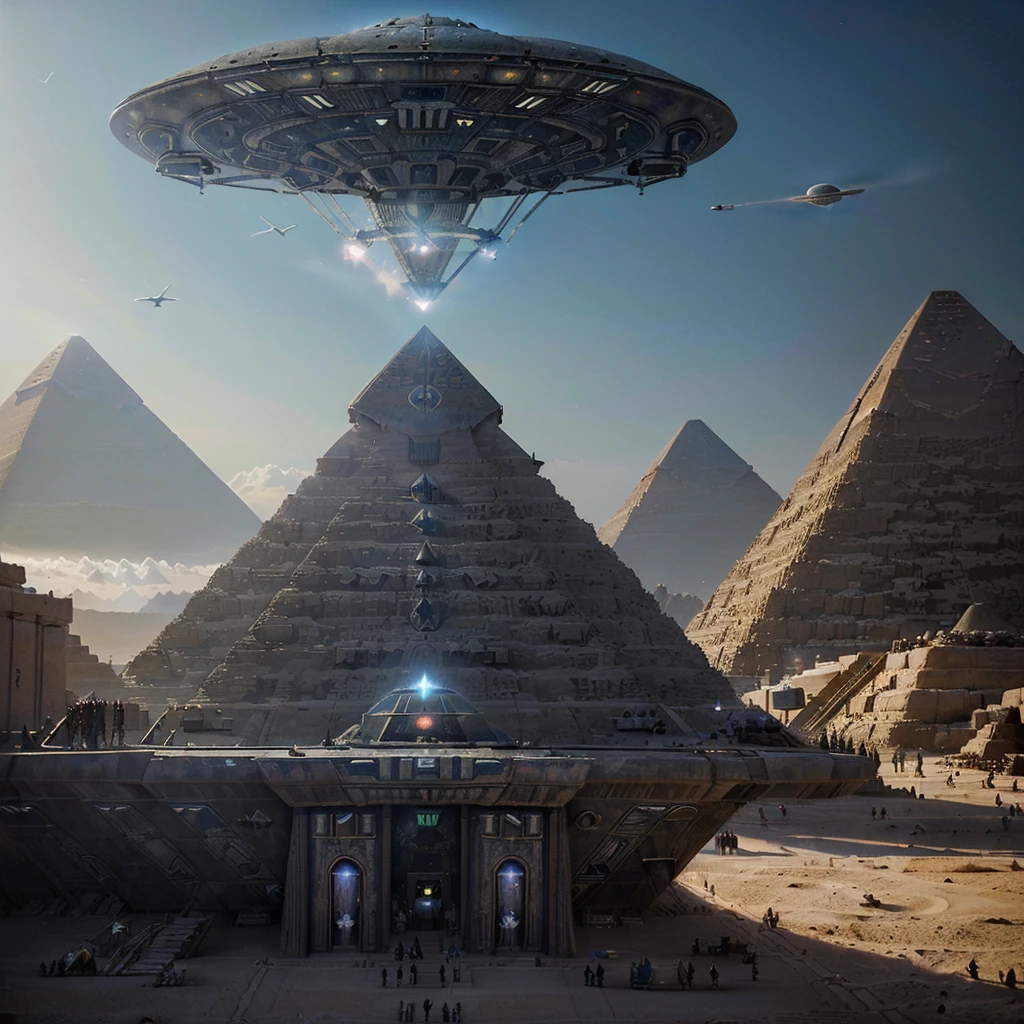((UFO extraterrestrial spaceship:1.3))(Huge ship, Immensely Large ship, Mothership.)((Giant UFO)(Alien ship type: Independence Day movie.)). ((UFO alien ship: "erecting a Pyramid" in Egypt)). cinematographic setting.((Erecting Egyptian Pyramid)).8k. photorealistic. super detailed. Intricate Details, Masterpiece.
