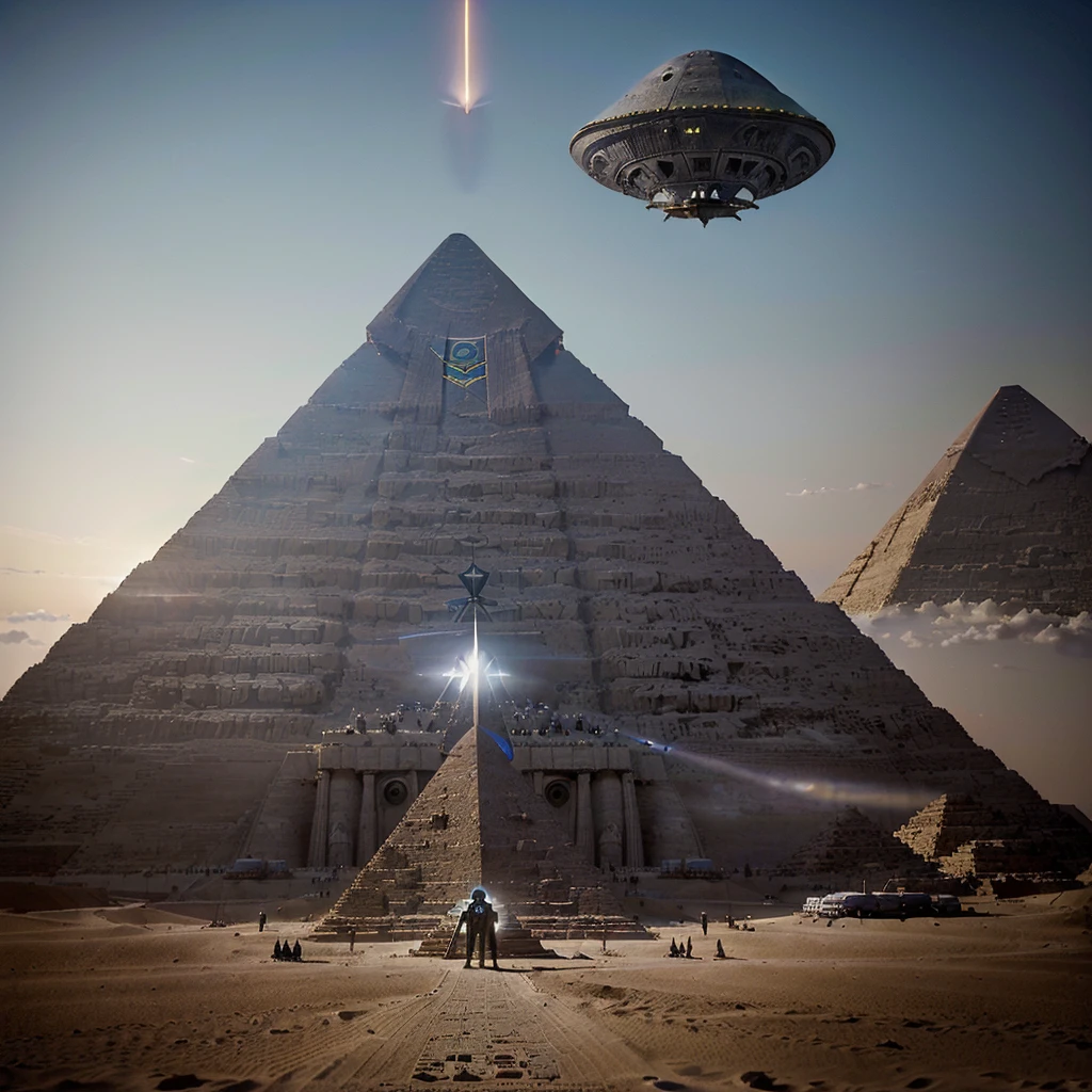 ((UFO extraterrestrial spaceship:1.3))(Huge ship, Immensely Large ship, Mothership.)((Giant UFO)(Alien ship type: Independence Day movie.)). ((UFO alien ship: "erecting a Pyramid" in Egypt)). cinematographic setting.((Erecting Egyptian Pyramid)).8k. photorealistic. super detailed. Intricate Details, Masterpiece.