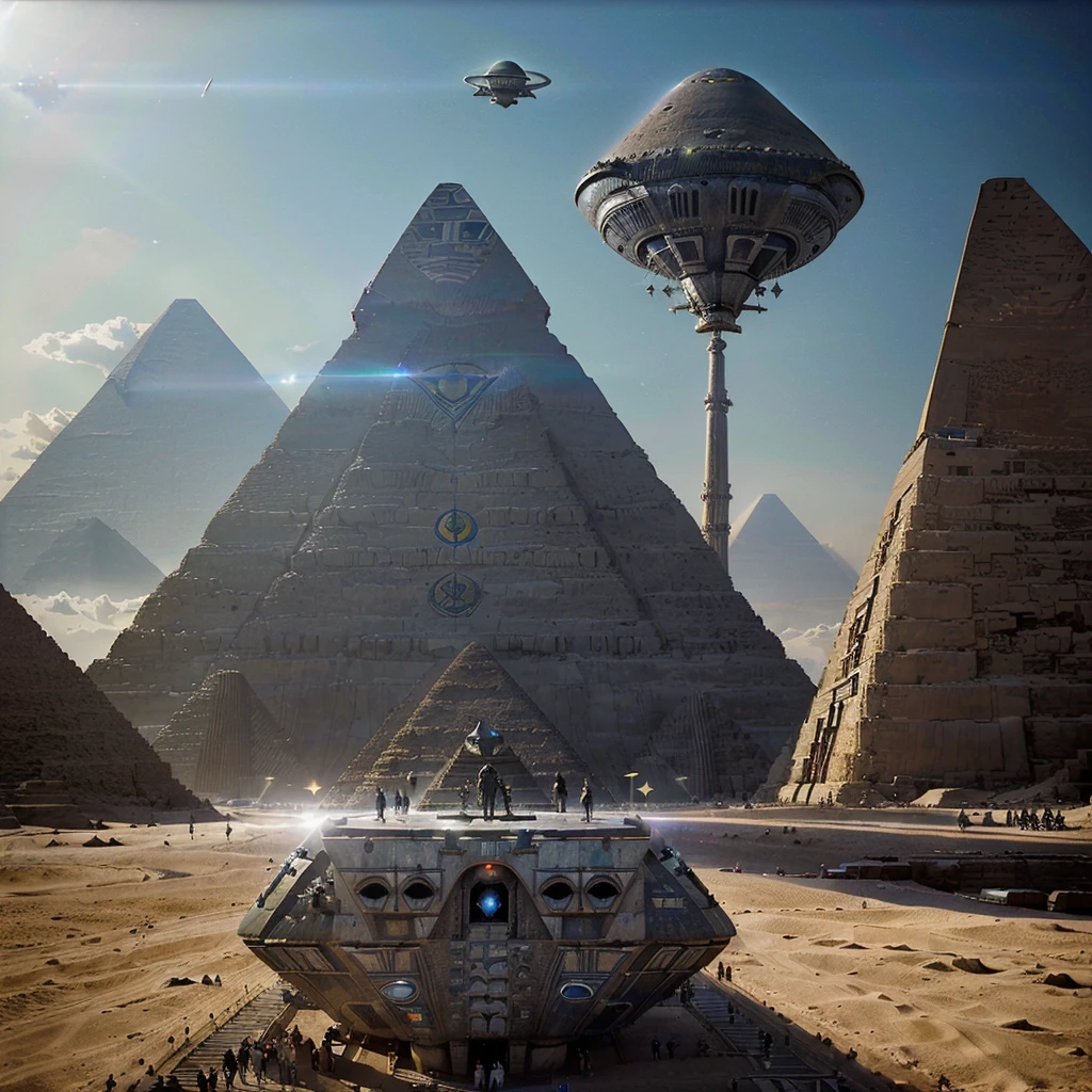 ((UFO extraterrestrial spaceship:1.3))(Huge ship, Immensely Large ship, Mothership.)((Giant UFO)(Alien ship type: Independence Day movie.)). ((UFO alien ship: "erecting a Pyramid" in Egypt)). cinematographic setting.((Erecting Egyptian Pyramid)).8k. photorealistic. super detailed. Intricate Details, Masterpiece.