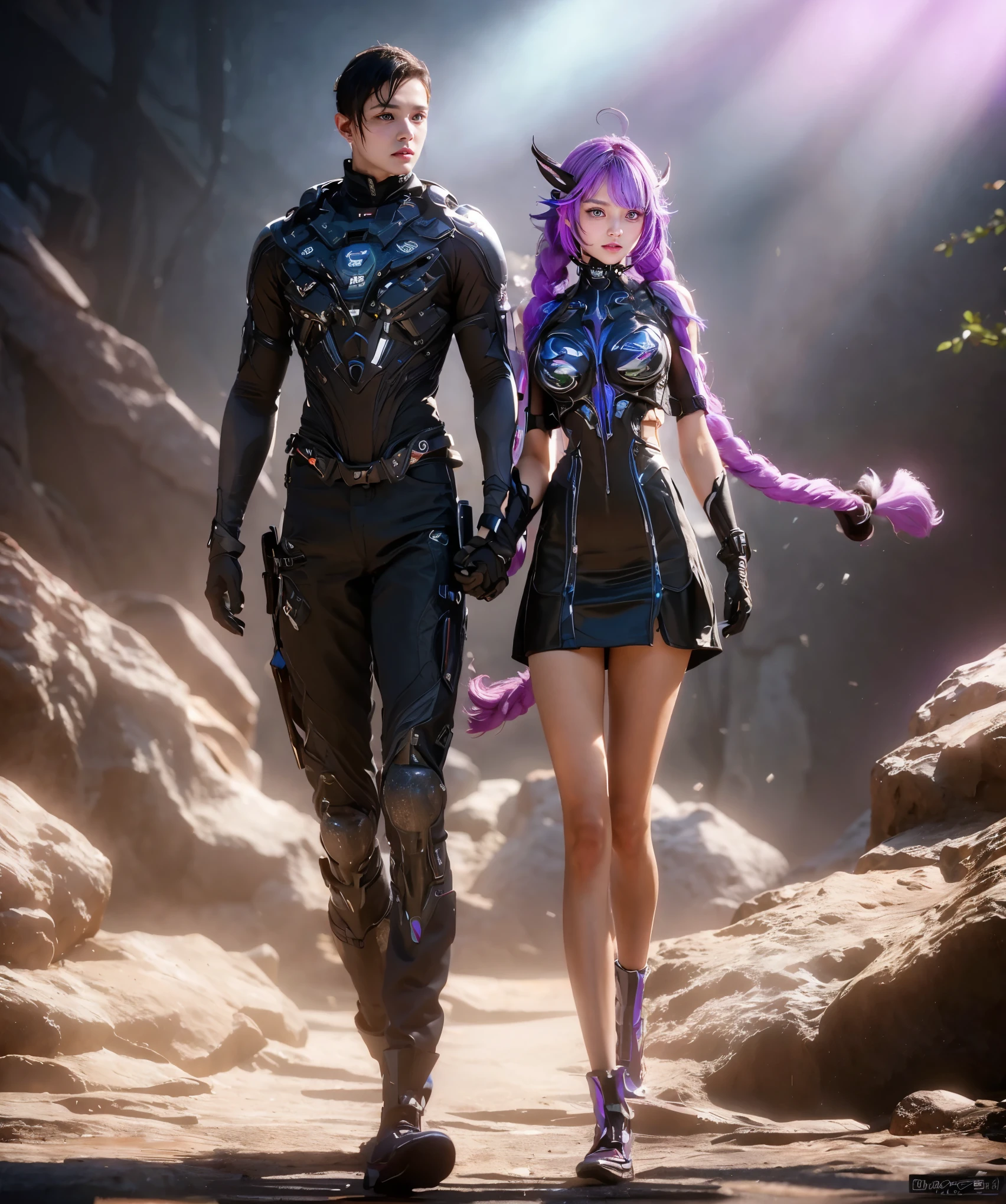 boy and girl hand in hand，walking，[beautiful girl，yinji, Crypticforce, anatomical correct:2, twin braids, purple hair，hair ornament, gloves, ahoge，low-tied very long hair,soft lighting,colorful palette,detailed eyes,detailed lips],best quality,4k,8k,highres,masterpiece:1.2),ultra-detailed,professional,vivid colors,bokeh,illustration,,serene background,((Best quality)), ((Masterpiece)), ((Realistic))，anatomically correct，Nikon Z7 II camera, Fujifilm Velvia 50 film, 50mm lens, high saturation, extremely hyper aesthetic intricate detailed, sharp focus, bewitching lighting, trending on artstation, cinematic lighting, unreal engine, octane render, full body shot, HDR, Unreal Engine 5, Octane Render, Cinematic, 32k, Natural Lighting, Ray Tracing Global Illumination, Digitally Enhanced, PhotoReal, Hyperdetailed, VFX, High Fidelity, expressive, dynamic pose, cinematic look, highly detailed, Cinestill 800T, sharp focus, intricate details, insanely detailed, Photorealism, High detail + Sony Alpha α7, sci - go cinematic style, volumetric lighting, zoomed out, action pose, sharp focus, dramatic lighting, centered, post processing, color grading, Redshift Render, ray tracing, epic, magnificent background, serene and enigmatic expression,