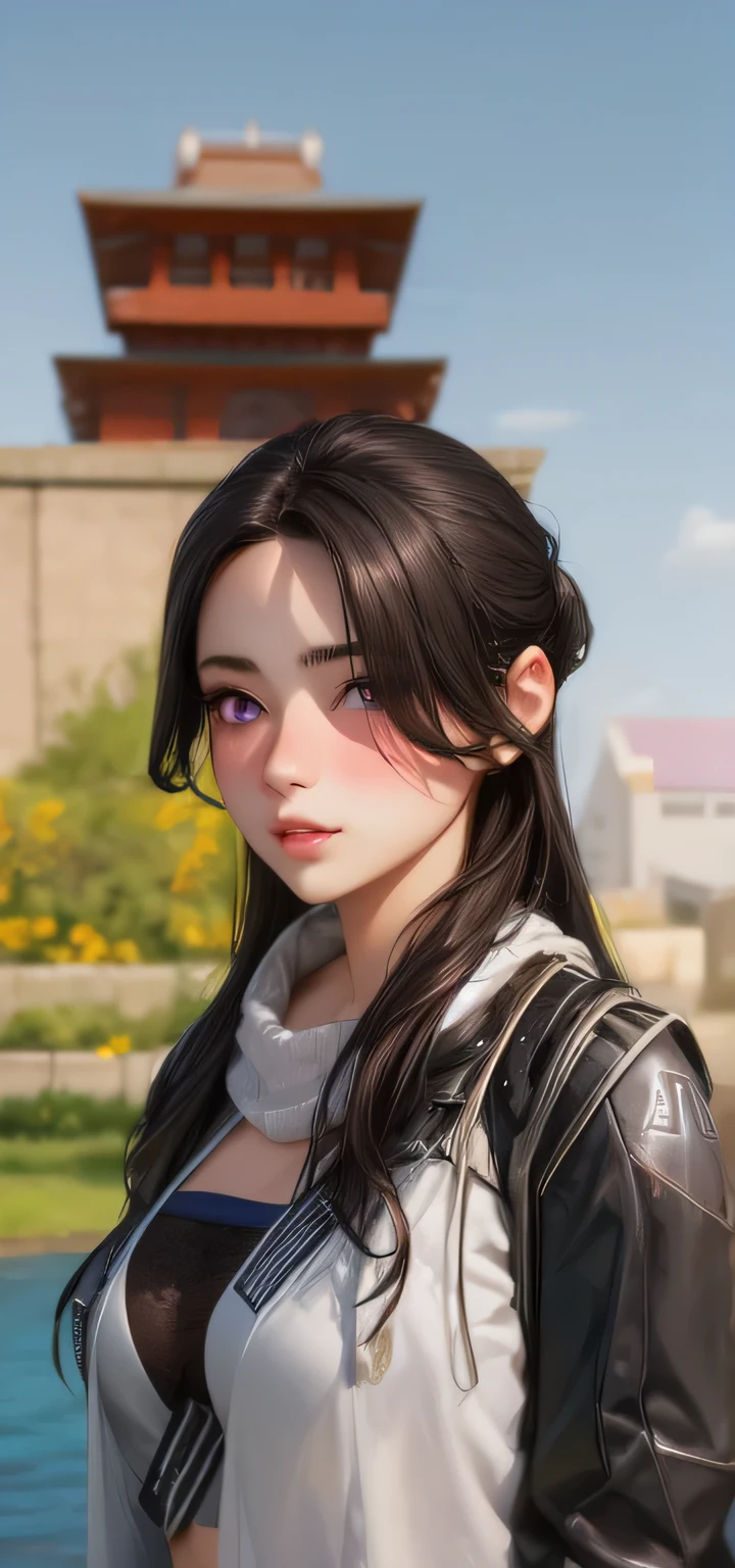 realistic, 1girl, white hair, purple eyes, glowing eyes, crop top, skirt, parted lips, blush, night, flowers, sun, sunlight,