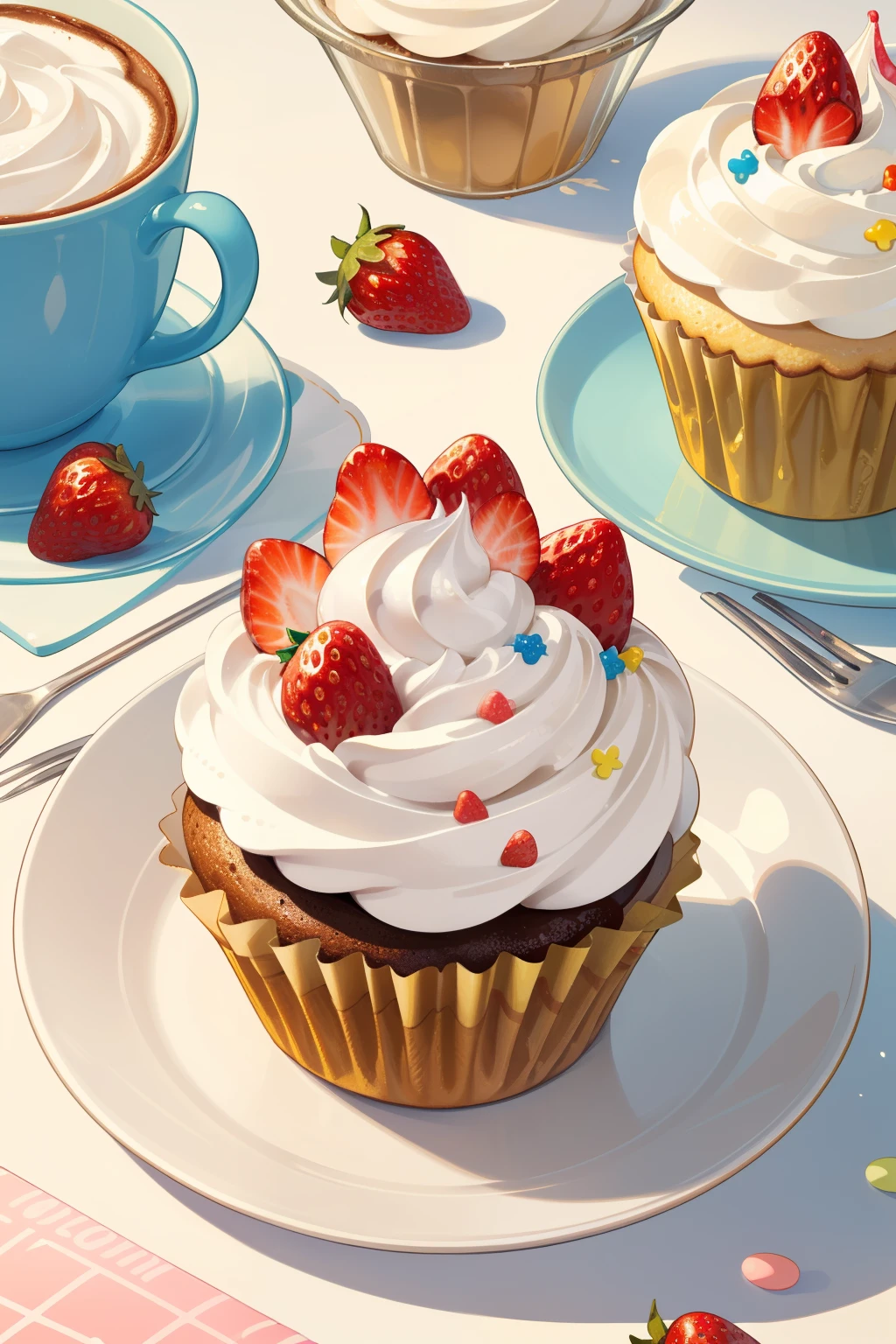 Generate enchanted cupcakes in the style of Laura Rester. This delectable image includes sugary delights and whimsical wonders artfully arranged. Magic and sweetness collide in this adorable and delicious image. Include creamy frosting, whirled frosting, various cute sweets, pretty and cute coffee, pretty and artistic lattes, (delicious cupcakes), slices of cake, (strawberries). Include a lot of visual interest. Include whipped frosting, swirled frosting, drippy frosting, dripping frosting, whirled frosting, lots of colors, pastel sweets, frosting, sprinkles, delicious, cream cheese frosting, beautiful swirls, and interesting details. ((((masterpiece))))