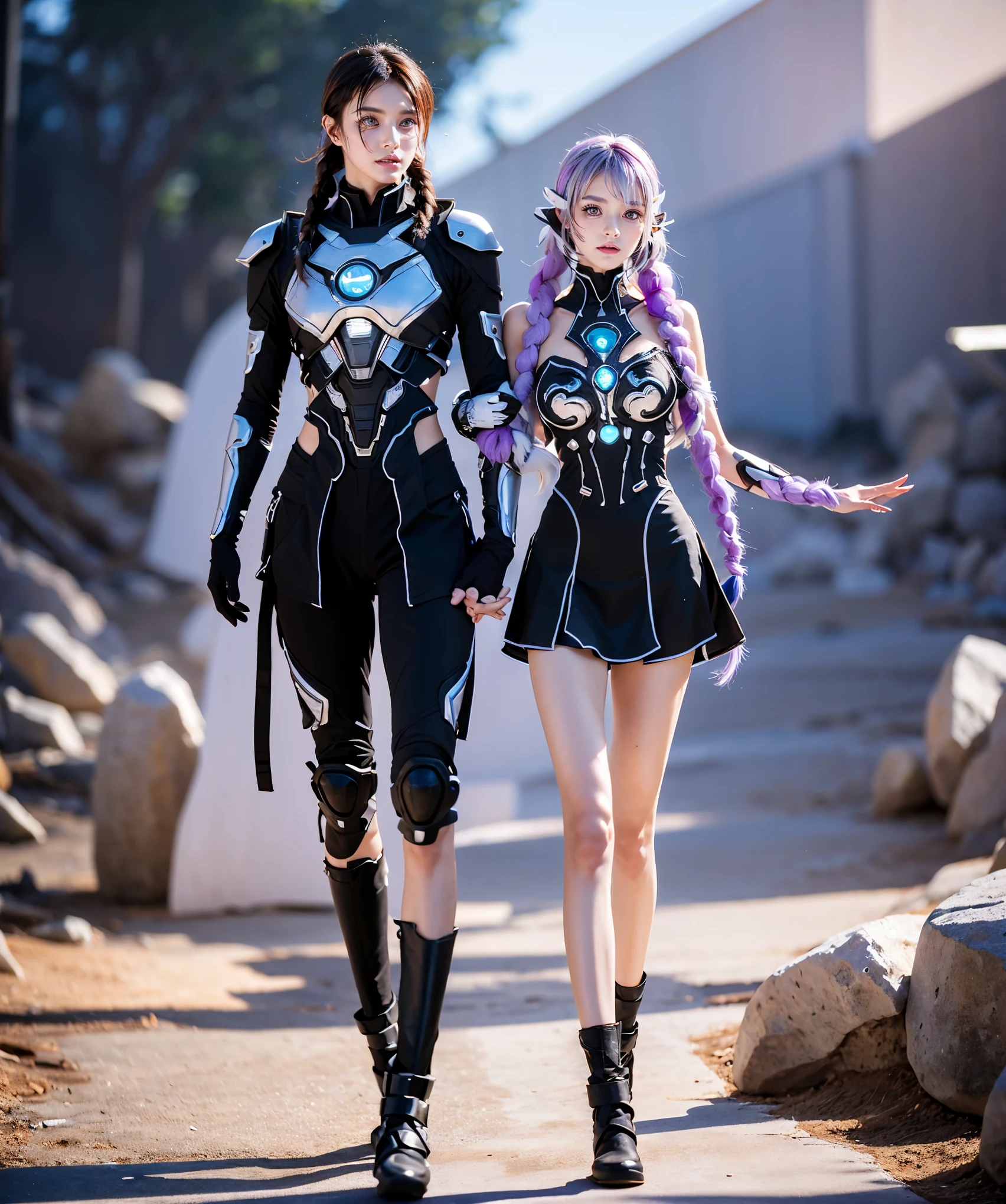 boy and girl hand in hand，walking，[beautiful girl，yinji, Crypticforce, anatomical correct:2, twin braids, purple hair，hair ornament, gloves, ahoge，low-tied very long hair,soft lighting,colorful palette,detailed eyes,detailed lips],best quality,4k,8k,highres,masterpiece:1.2),ultra-detailed,professional,vivid colors,bokeh,illustration,,serene background,((Best quality)), ((Masterpiece)), ((Realistic))，anatomically correct，Nikon Z7 II camera, Fujifilm Velvia 50 film, 50mm lens, high saturation, extremely hyper aesthetic intricate detailed, sharp focus, bewitching lighting, trending on artstation, cinematic lighting, unreal engine, octane render, full body shot, HDR, Unreal Engine 5, Octane Render, Cinematic, 32k, Natural Lighting, Ray Tracing Global Illumination, Digitally Enhanced, PhotoReal, Hyperdetailed, VFX, High Fidelity, expressive, dynamic pose, cinematic look, highly detailed, Cinestill 800T, sharp focus, intricate details, insanely detailed, Photorealism, High detail + Sony Alpha α7, sci - go cinematic style, volumetric lighting, zoomed out, action pose, sharp focus, dramatic lighting, centered, post processing, color grading, Redshift Render, ray tracing, epic, magnificent background, serene and enigmatic expression,