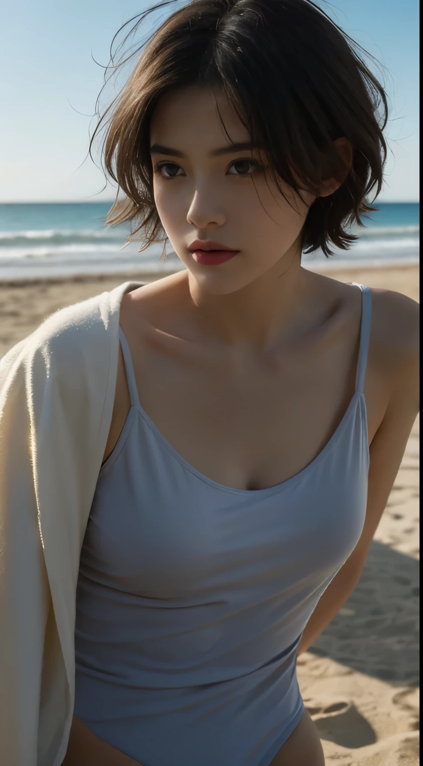 Best quality, masterpiece, ultra high res, (photorealistic:1.5), raw photo, 1girl, beach, deep shadow, low key, cold light, sexy look, short hair, swimsuit