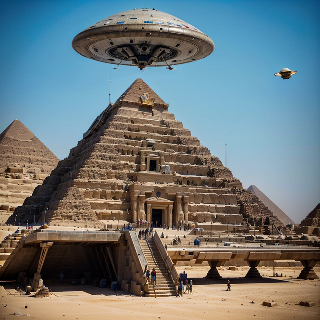 ((UFO extraterrestrial spaceship:1.3))(Huge ship, Immensely Large ship, Mothership.)((Giant UFO)(Alien ship type: Independence Day movie.)). ((UFO alien ship: "erecting a Pyramid" in Egypt)). cinematographic setting.((erecting block by block))((Piramid pieces: blocks scattered on the ground))((Erecting Egyptian Pyramid)).8k. photorealistic. super detailed. Intricate Details, Masterpiece.