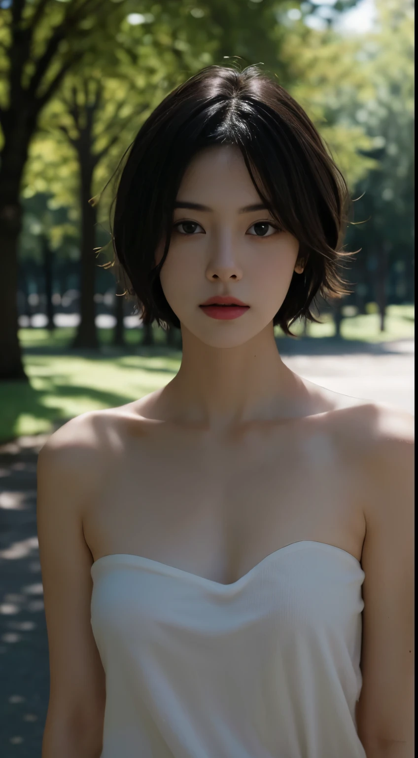 Best quality, masterpiece, ultra high res, (photorealistic:1.5), raw photo, 1girl, in the park, deep shadow, low key, cold light, sexy look, short hair, naked