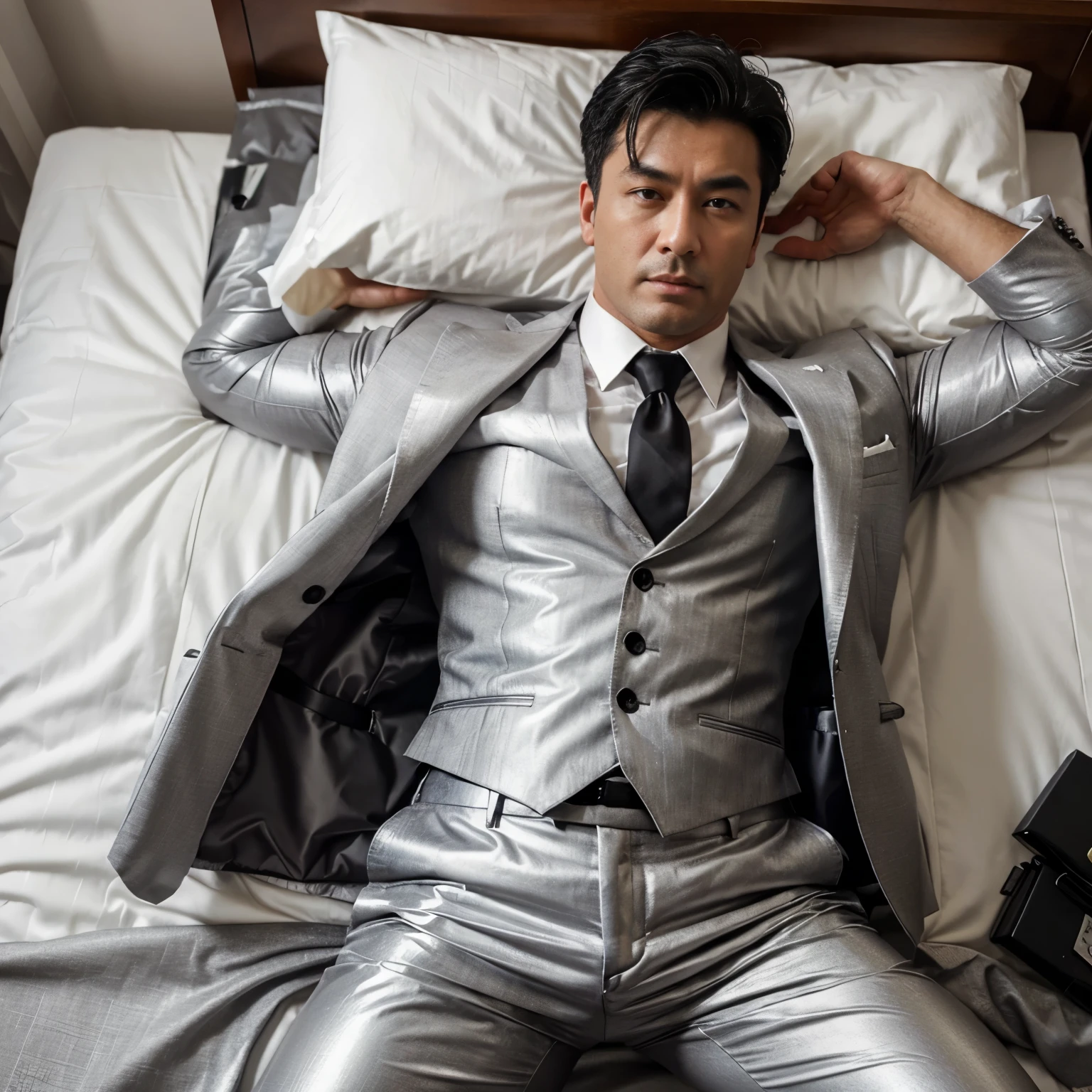 30 years old,daddy,"shiny grey suit ", wear white shirt,  very shiny grey pants, very shiny grey waistcoat, Dad was drunk and lie down on the bed,k hd,in the office,"big muscle", gay ,black hair,asia face,masculine,strong man,the boss is,handsome,,leather gloves,lecherous dad,look straight ahead,dad is handsome,dad is handsome ,dad is "horny dad"