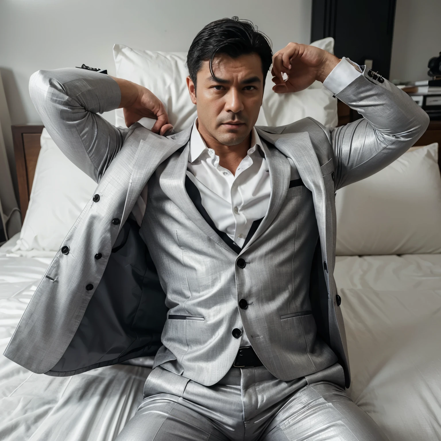 30 years old,daddy,"shiny grey suit ", wear white shirt,  very shiny grey pants, very shiny grey waistcoat, Dad was drunk and lie down on the bed,k hd,in the office,"big muscle", gay ,black hair,asia face,masculine,strong man,the boss is,handsome,,leather gloves,lecherous dad,look straight ahead,dad is handsome,dad is handsome ,dad is "horny dad"