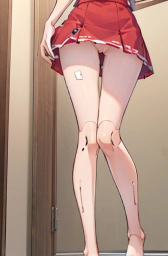 A Female robot grabs her ass, spread legs, nude, banzai pose. she wears no dress. She Brown short hair is tied with two big red clothespins, She lifts up the under hem of her white plain dress, leaning over, masterpiece, very short pigtails,brown hair, mature, android, blue eyes, full body figure, Height: 160cm, flushed cheeks, 2020s anime picture, A beautiful robot with short brown hair in two short pigtails held up by two very large huge red clothespins, Uplifting, No NSFW, whole body, barefoot, archaic smile, getting orgasm, 25 years old, sweat bucket. short sleeve shirt, pleated skirt, beautiful scenery, evening, skirt lift, no panties, genitals visible, full body shot, sexy face. between mirrors, floating hair, looking away. She wears hot pants. She has broken hardly by enemy. 