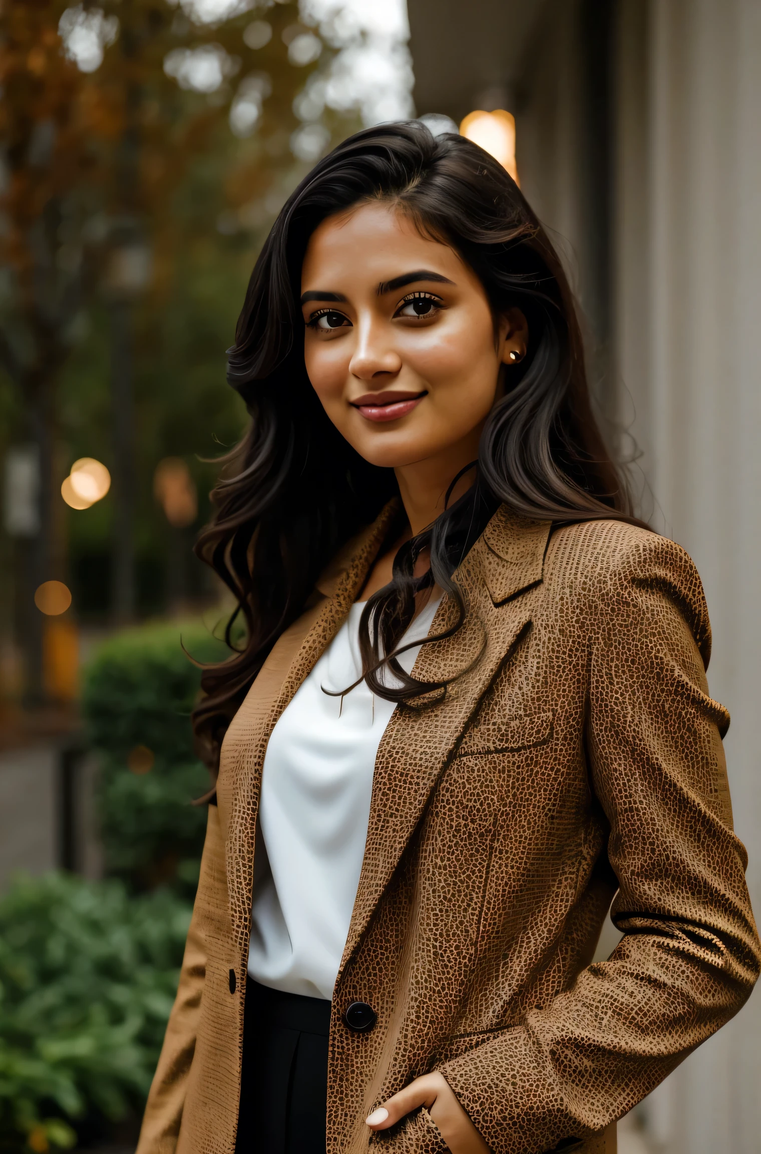 1 adult female, Long Hair, Curly Hair, Black hair color, Smooth Skin, Brown eyes, With a smile, Vegetation, time々, Businesswoman style outfit, Light Brown Blazer, Realist, With experience in fine dining, 8k super Realist, super detalhado e Realist