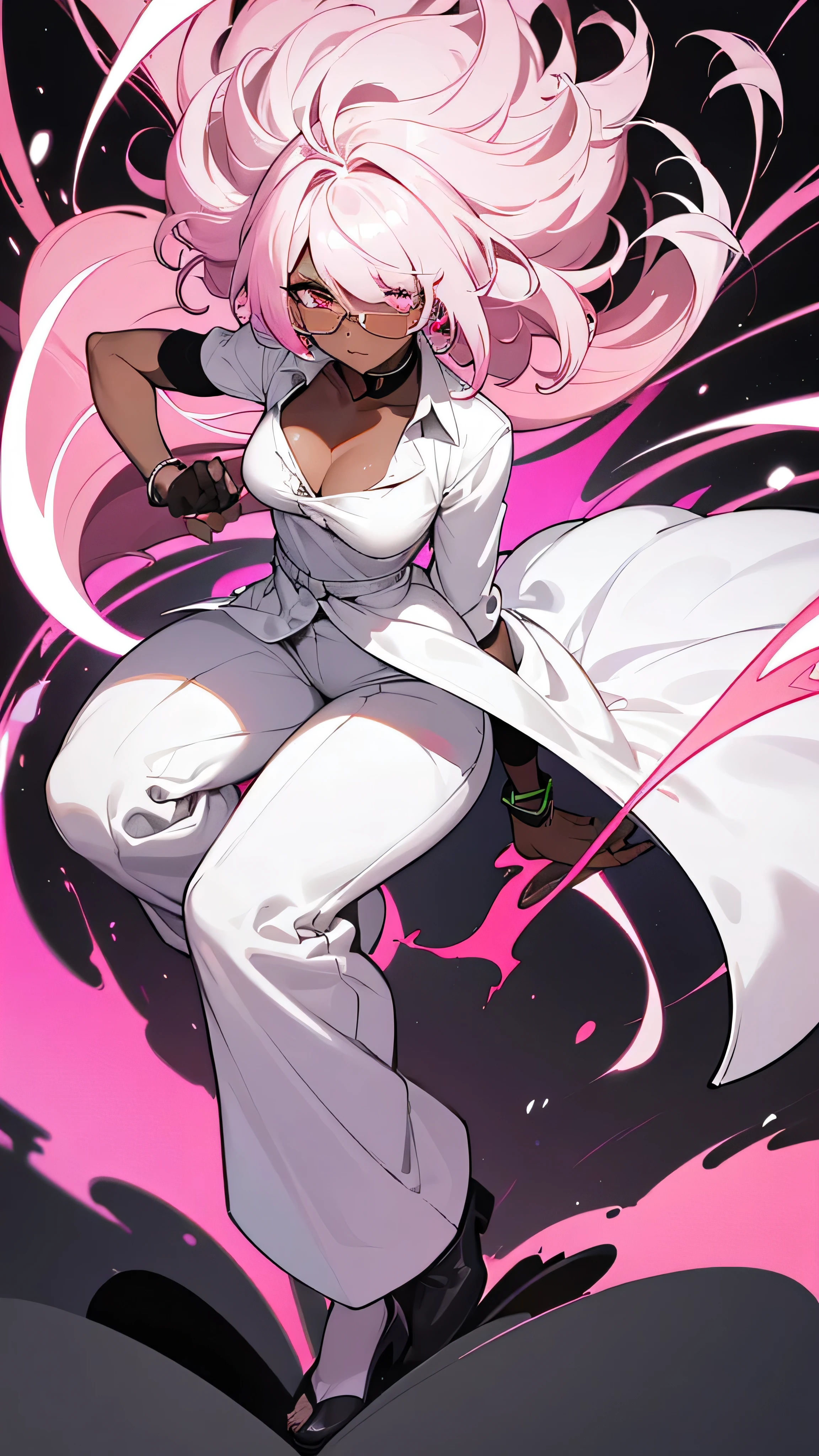 1 woman, tall, ((dark skinned woman, hair over the one eye)), white hair, pink hair, colorful hair, medium hair, messy hair, dark eye, (small glasses), white big shirt, (pants), black tie, beautiful eye, cleavage, earring like a circle, Subdued lighting, dynamic pose, perfect hand, full body,