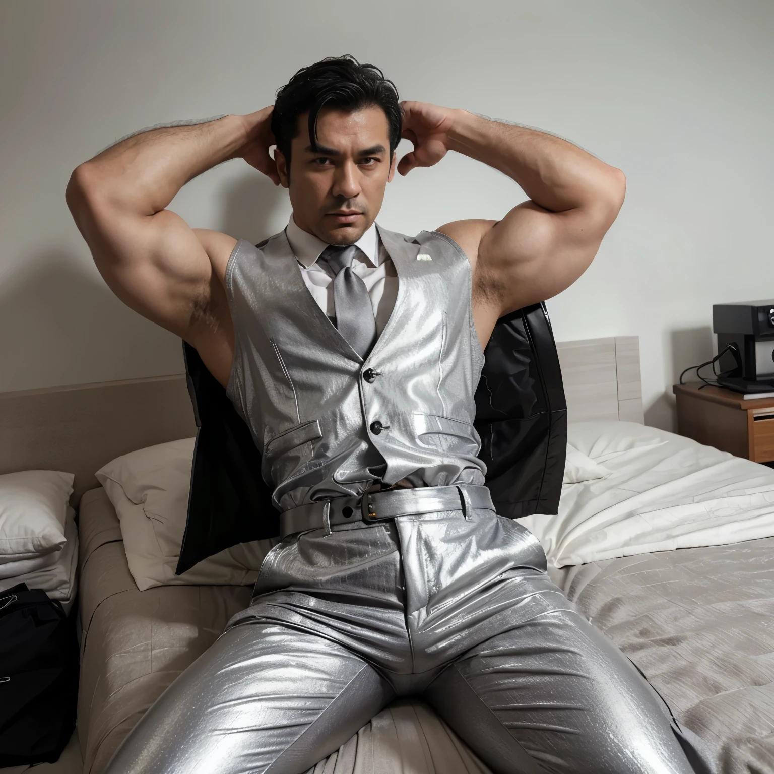 30 years old,daddy,"shiny grey suit ", wear white shirt,  very shiny grey pants, very shiny grey waistcoat, Dad was drunk and lie down on the bed,k hd,in the office,"big muscle", gay ,black hair,asia face,masculine,strong man,the boss is,handsome,,leather gloves,lecherous dad,look straight ahead,dad is handsome,dad is handsome ,dad is "horny dad"