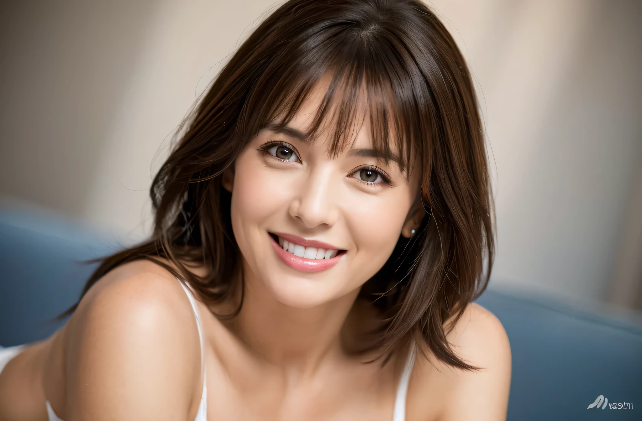 Masseter Film, highest quality, masterpiece, High resolution, realism, Original photo, 8k wallpaper, perfection, Professional Lighting, Very detailed, Written boundary depth, ((Sexy beautiful woman)), ((Sexy 40 year old women)),, ((smile)), Detailed face, Beautiful Eyes,, bangs, She has big breasts and a nice figure, (Sexy look), Long Hair, (Thick lips), A photo of your face,I smile at you