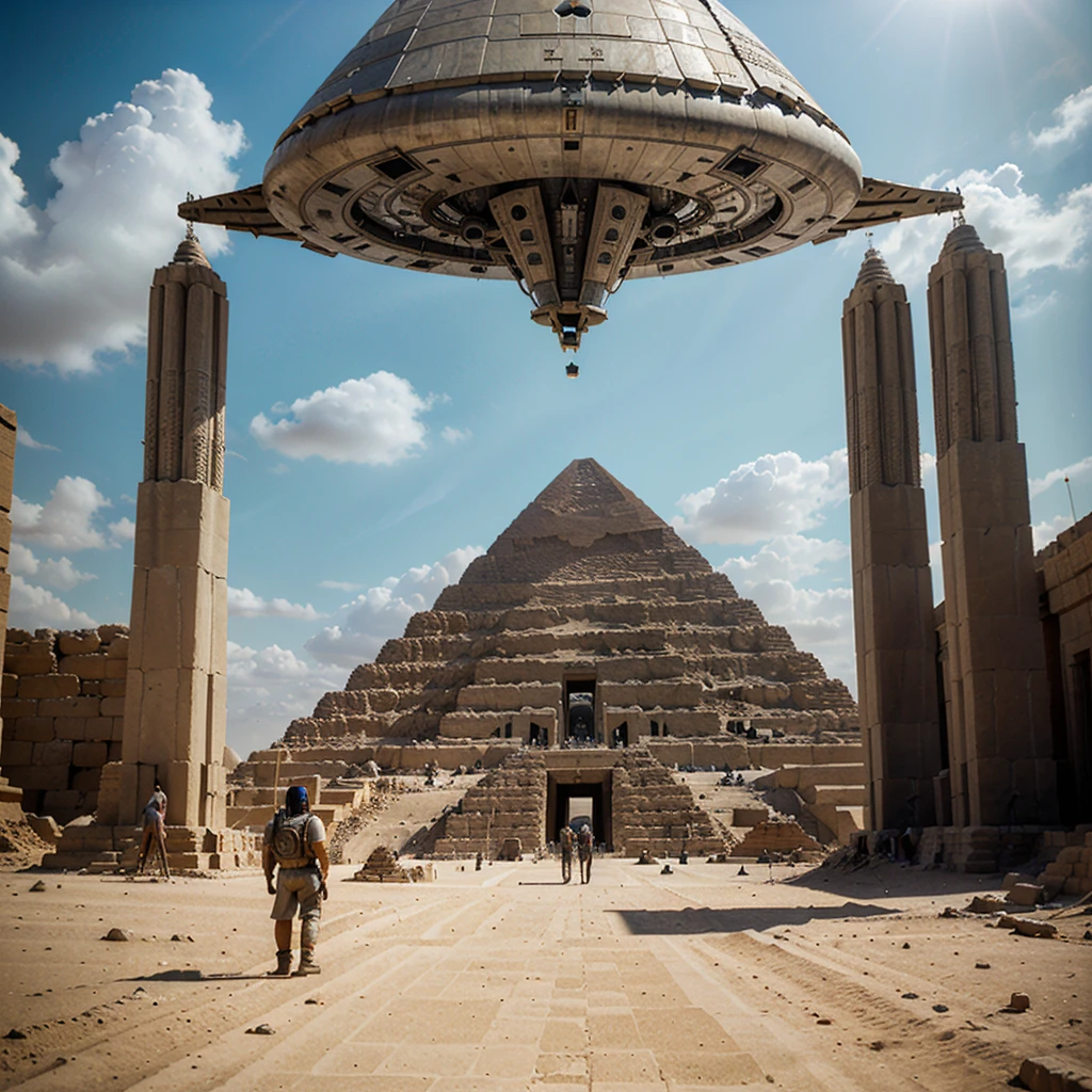 ((UFO extraterrestrial spaceship:1.3))(Huge ship, Immensely Large ship, Mothership.)((Giant UFO)(Alien ship type: Independence Day movie.)). ((UFO alien ship: "erecting a Pyramid" in Egypt)). cinematographic setting.((erecting block by block))((Pieces of pyramids: blocks scattered on the ground))((Erecting Egyptian Pyramid))((3500B.C.))((Mixture of Future and Antiquity))8k. photorealistic. super detailed. Intricate Details, Masterpiece.
