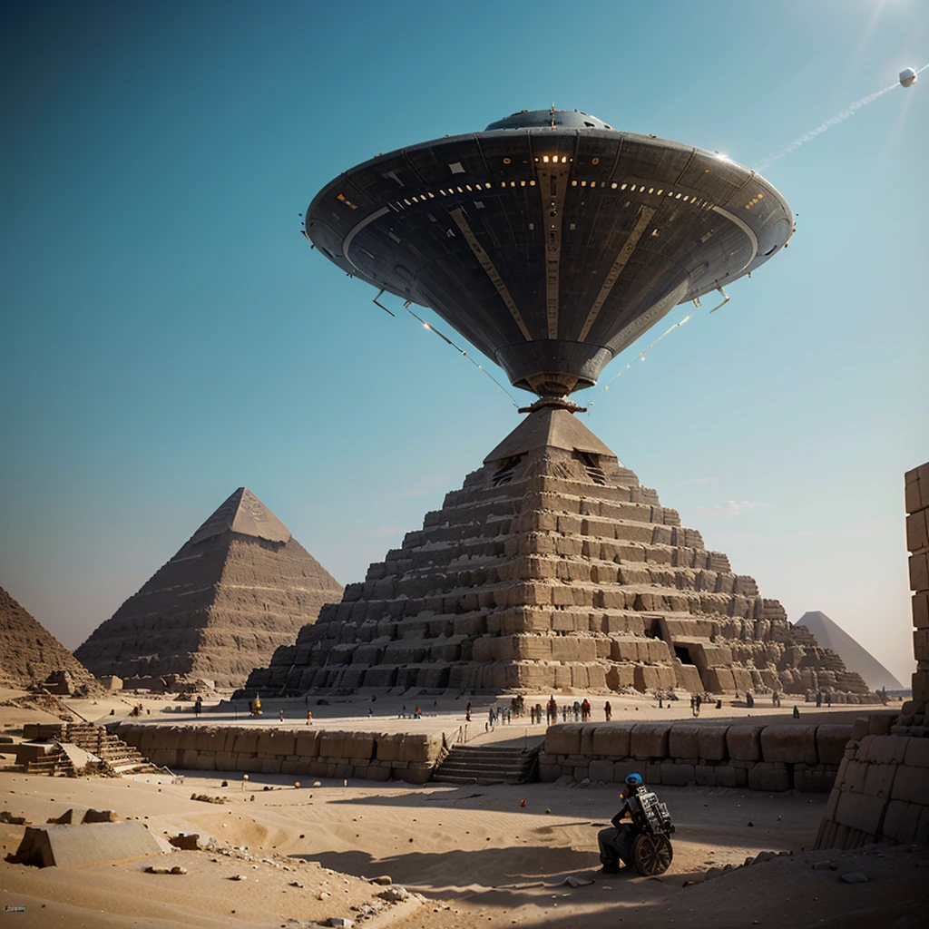 ((UFO extraterrestrial spaceship:1.3))(Huge ship, Immensely Large ship, Mothership.)((Giant UFO)(Alien ship type: Independence Day movie.)). ((UFO alien ship: "erecting a Pyramid" in Egypt)). cinematographic setting.((erecting block by block))((Pieces of pyramids: blocks scattered on the ground))((Erecting Egyptian Pyramid))((3500B.C.))((Mixture of Future and Antiquity))8k. photorealistic. super detailed. Intricate Details, Masterpiece.