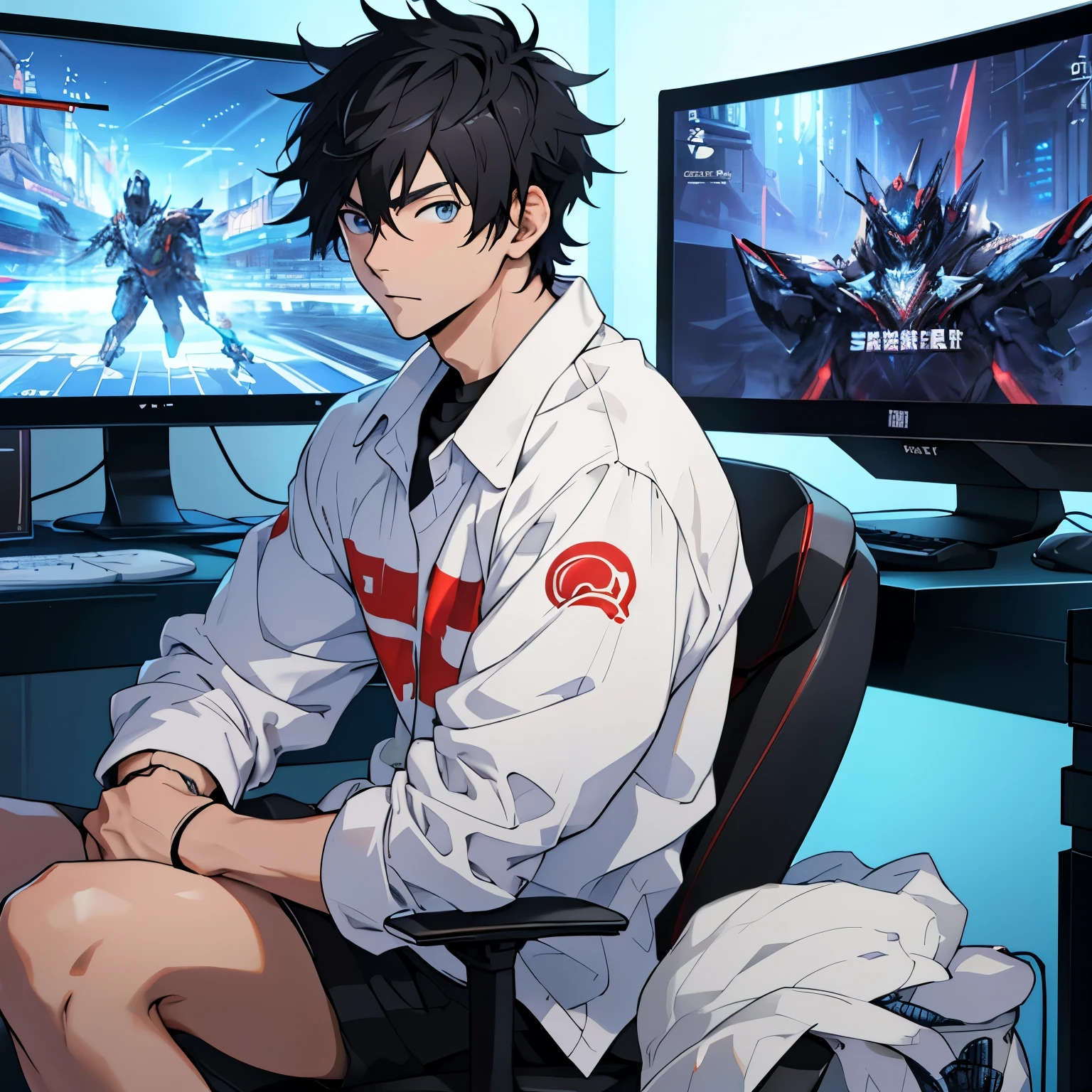 Best quality: 1.0), (Super High Resolution: 1.0), Anime boy, short black hair, blue eyes, sitting in front of computer playing games, background in esports room,