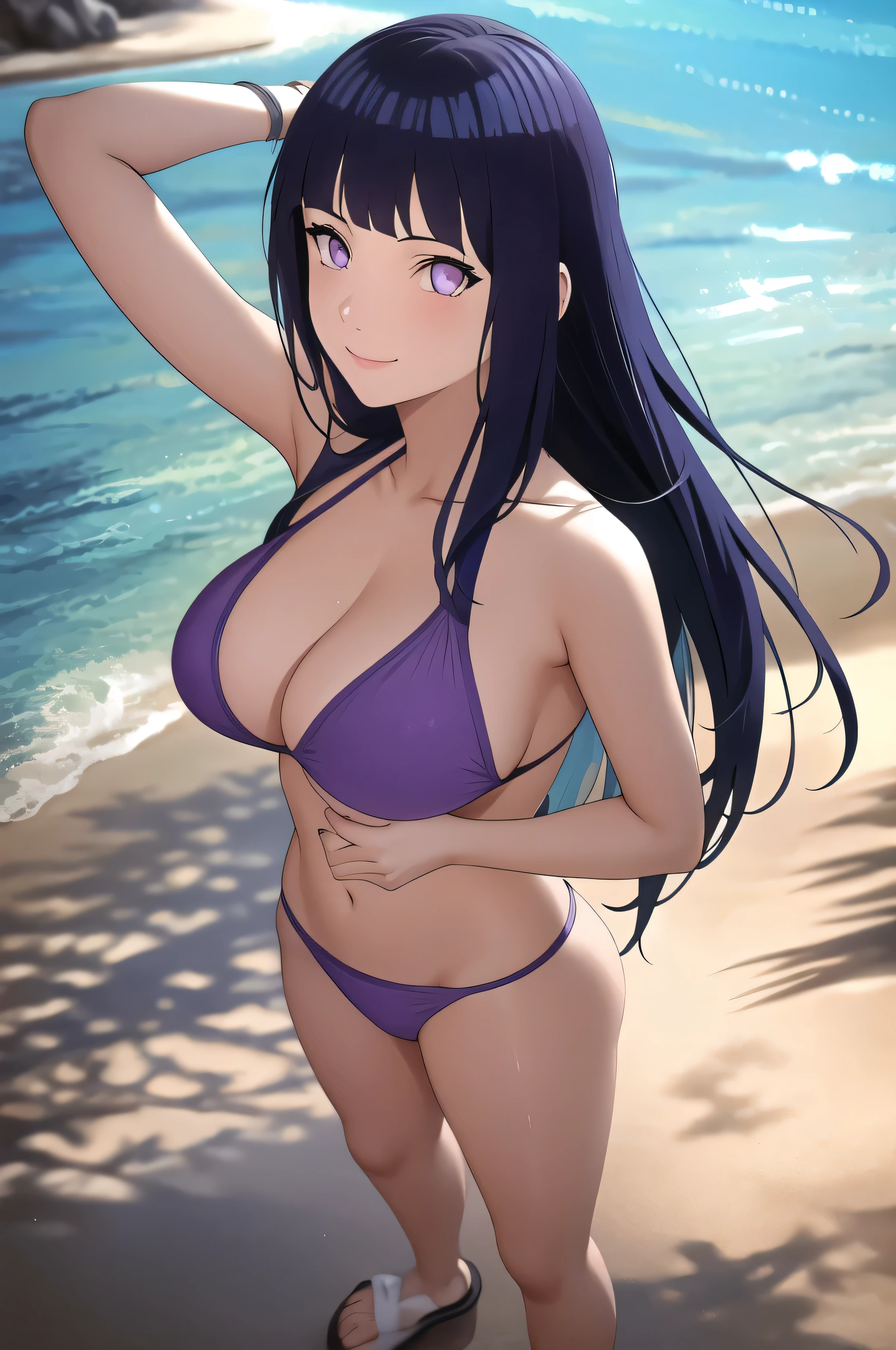 hinata1 a woman, beach, ocean, island, outdoors, bright sky, sunny, clear sky, bangs, long hair, glowing eyes, cute smile, blush, lavender purple bikini, two piece bikini, thong panties, purple thong, bare shoulders, cleavage, big breasts, skinny, slim waist, nice thighs, big ass, tall legs, posing, hands behind head, armpits, sexy, standing, full frame, full body in frame