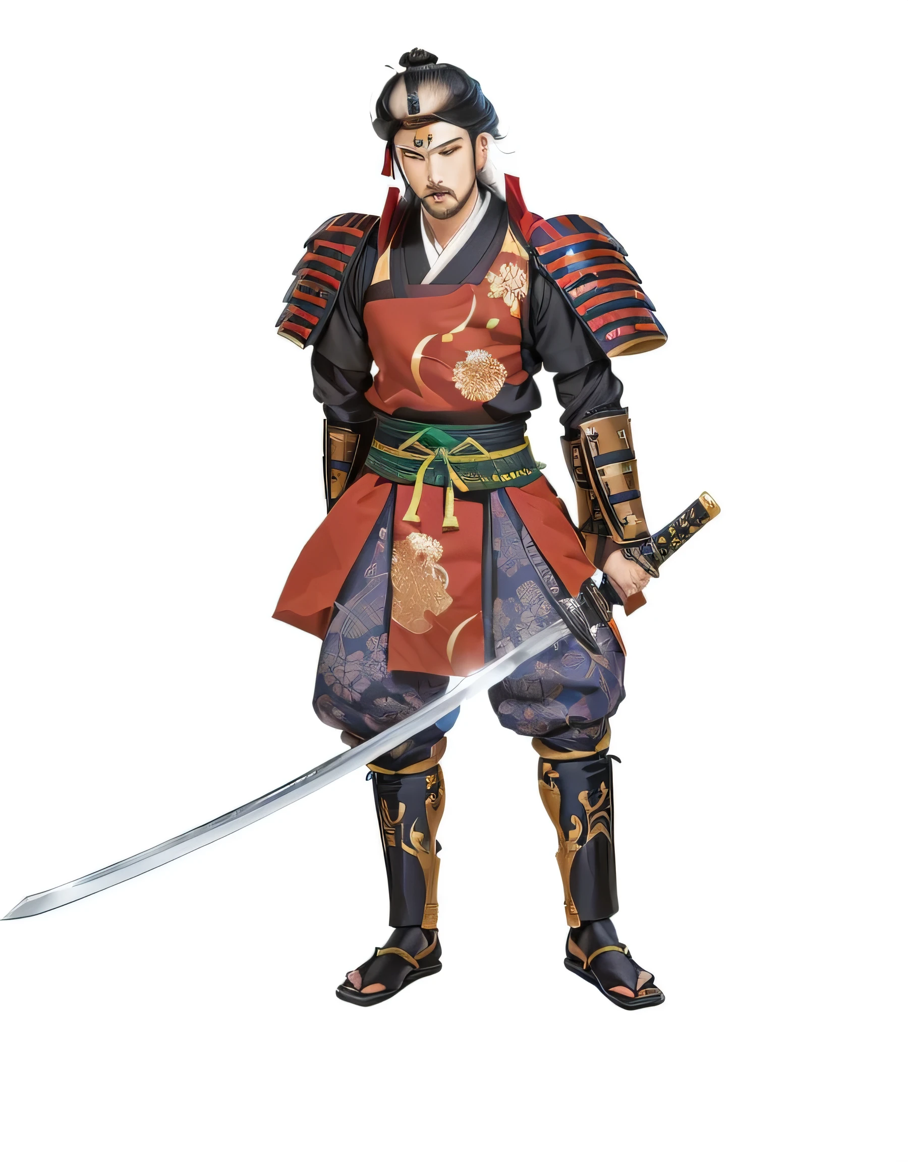 Arabic style image of a man in a samurai costume holding a sword, Wearing old samurai clothes, Inspired by Toshusai Sharaku, Works inspired by Kano Hogai, inspired by Okumura Masanobu, inspired by Kanō Sanraku, Inspired by Kōno Michisei