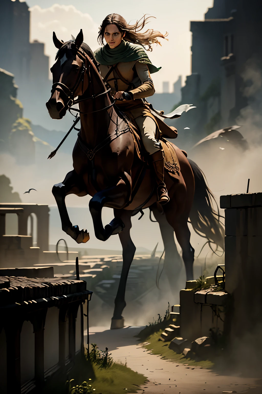 illustration inspired by the Lord of the Rings saga by J. R. R. Tolkien, draws an ancient city, an abandoned city flown over by nazgùl riding flat-nosed flying dragons. In the city they fight Unami against Trool. dark colours, war atmosphere.