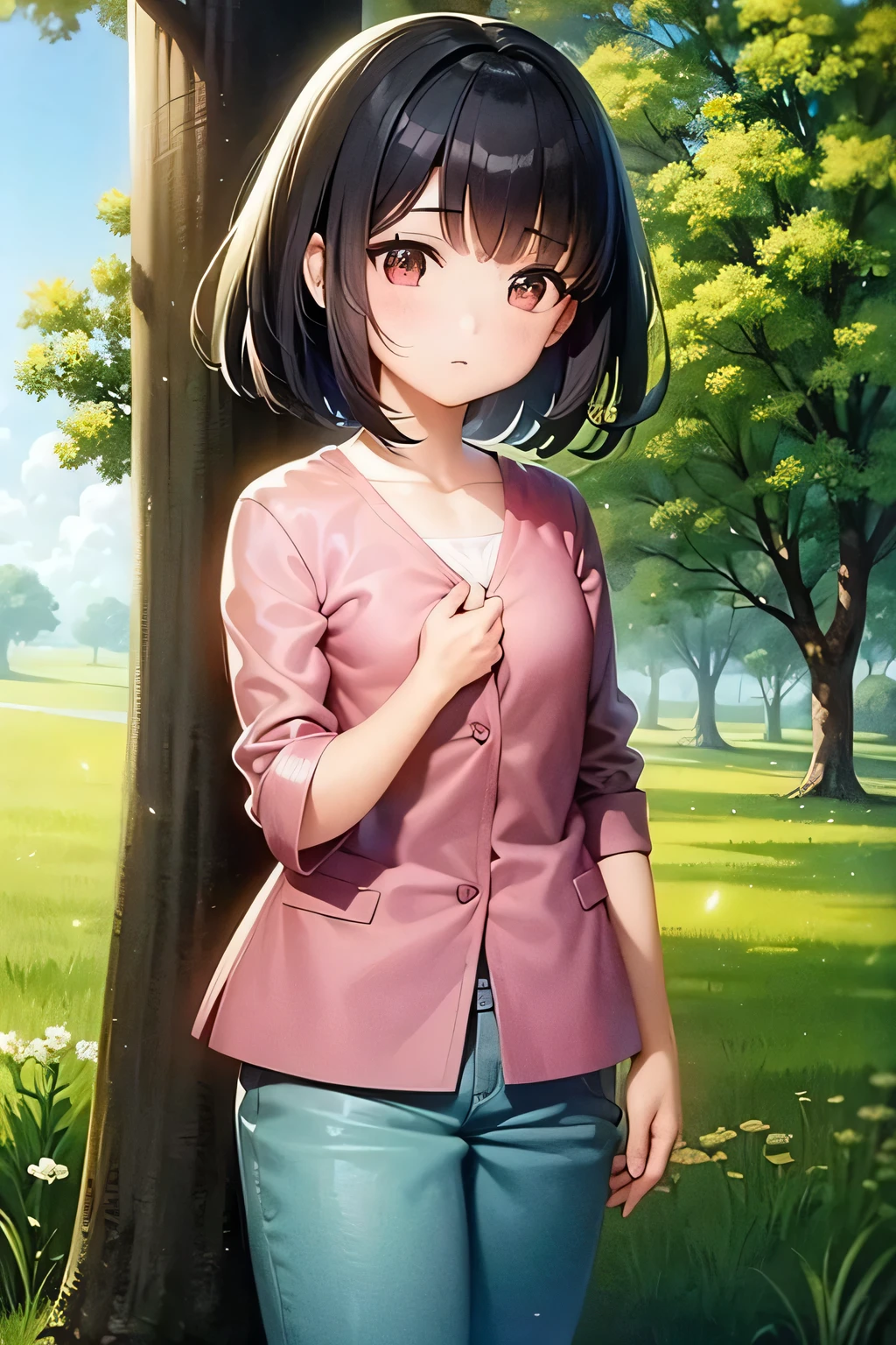 A girl around  points to her chest under a zelkova tree.。Short Bob、Black Hair、Japanese anime style illustrations、Stunning anime art style, Bright colors, Soft and fantastic lighting, High resolution and realistic details.Beautiful green leaves waving in the wind、Pink hairpin、Ocher Hoodie