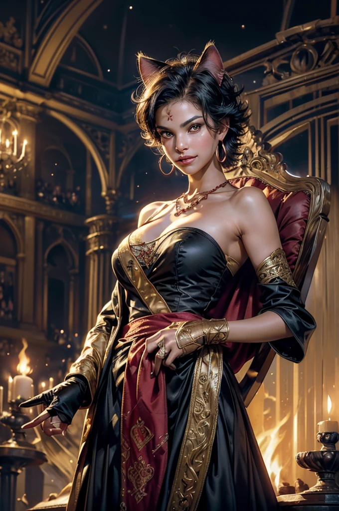 (masterpiece,stunning girlfriend, (standing:1.1), dynamic pose, heart shaped face,elegant face, beautiful face, highly detailed face, highly detailed skin, skin pores, subsurface scattering, realistic pupils, loving smile, looking at viewer, full lips, detailed background, depth of field, atmospheric perspective, volumetric
lighting, sharp focus, absurdres, realistic proportions, good anatomy, (realistic, hyperrealistic:1.4), 16k hdr,
highres, masterpiece,best quality,original,extremely detailed CG,extremely detailed wallpaper,perfect lighting,looking at viewer,bare hands,1girl, SiennaKhan,short hair,black hair,animal ears,yellow eyes,cat ears,dark skin,dark-skinned female,gloves,jewelry,earrings,cape,facial mark,cleavage cutout,hoop earrings, standing next to ornate throne, (large high-back throne), in deserted stadium, bonfires, water pouring, crowd, (crowd in military uniforms), night, stars, closed mouth, serious look, serious expression, looking at viewer,