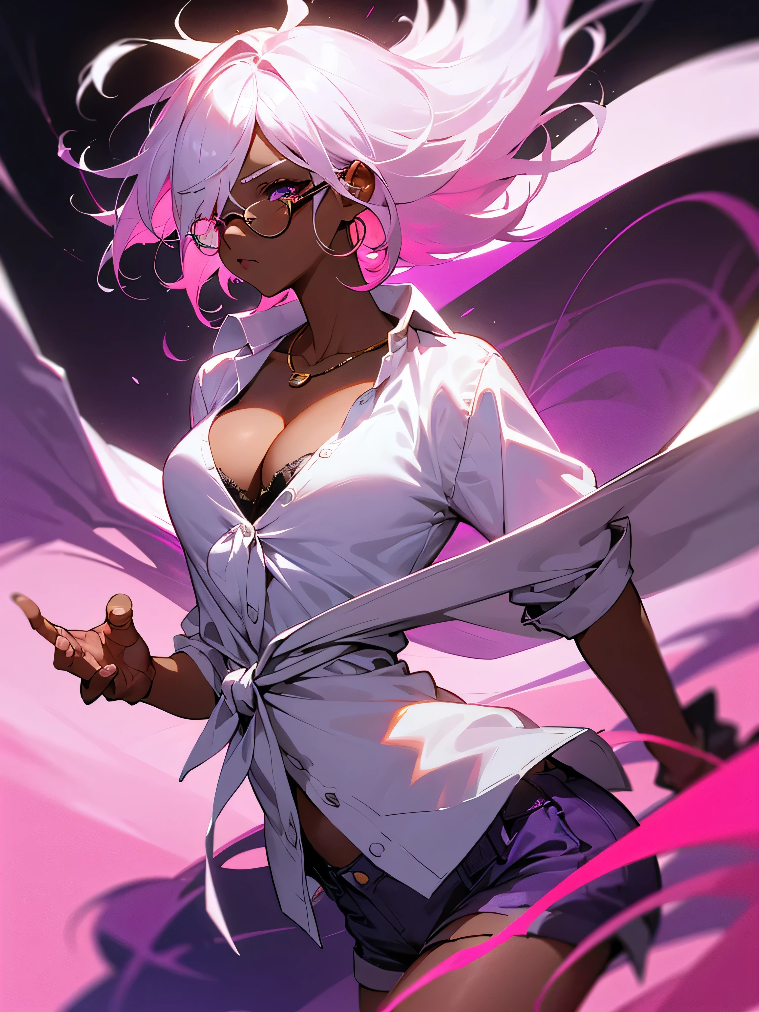 1 woman, adult, ((dark skinned woman, hair over the one eye)), white hair, pink hair, colorful hair, tied up hair, messy hair, purple eye, (glasses), (white shirt, short pants), tie, (cleavage), earring like a circle, dynamic pose, perfect hand, masterpiece, from side, hand gesture