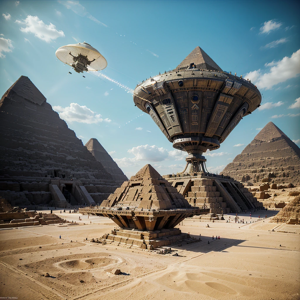 ((UFO extraterrestrial spaceship:1.3))(Huge ship, Immensely Large ship, Mothership.)((Giant UFO)(Alien ship type: Independence Day movie.)). ((UFO alien ship: "erecting a Pyramid" in Egypt using Extraterrestrial Technology)).(Ufo using Future Technology assembling Pyramid)cinematic setting.((erecting block by block))((Unfinished pyramids: blocks scattered on the ground ))((Erecting Egyptian Pyramid))((3500B.C.))((Mixture of Future and Antiquity))8k. photorealistic. super detailed. Intricate Details, Masterpiece.