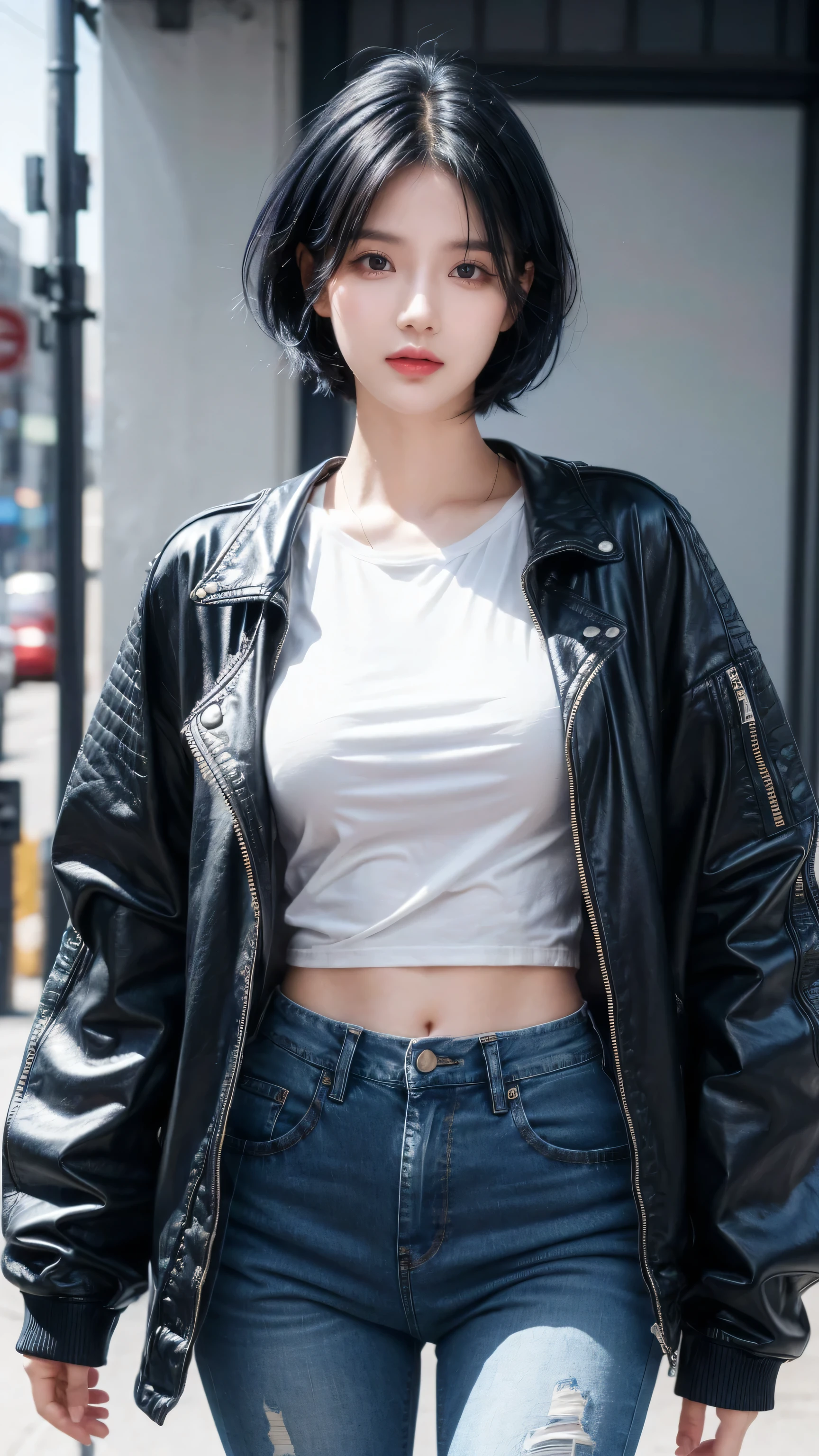 best quality, 1 Girl, dark blue hair, black eyes, Very short hair, Spiky hair, t-shirt, jacket jeans blue, High waist jeans, 171 cm, Messy hair, Hair between the eyes, Medium breasts, full, Tomboy, aldult, 20 years old, 1 Girl