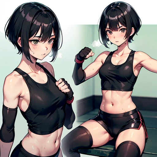 Cute Japanese high school girl with short cut, dark hair, drenched in sweat. Training at a mixed martial arts gym. Desperately working out her muscles by sit-ups. Out of breath, tank top, leggings, open finger gloves. Small breasts, poor belly, slender body, poor body.