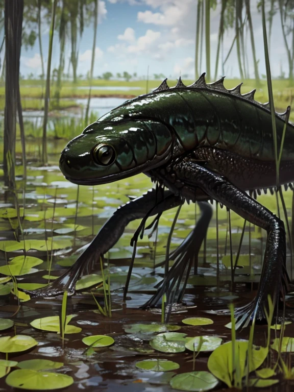 four legs big black mutated tadpole in a swamp
